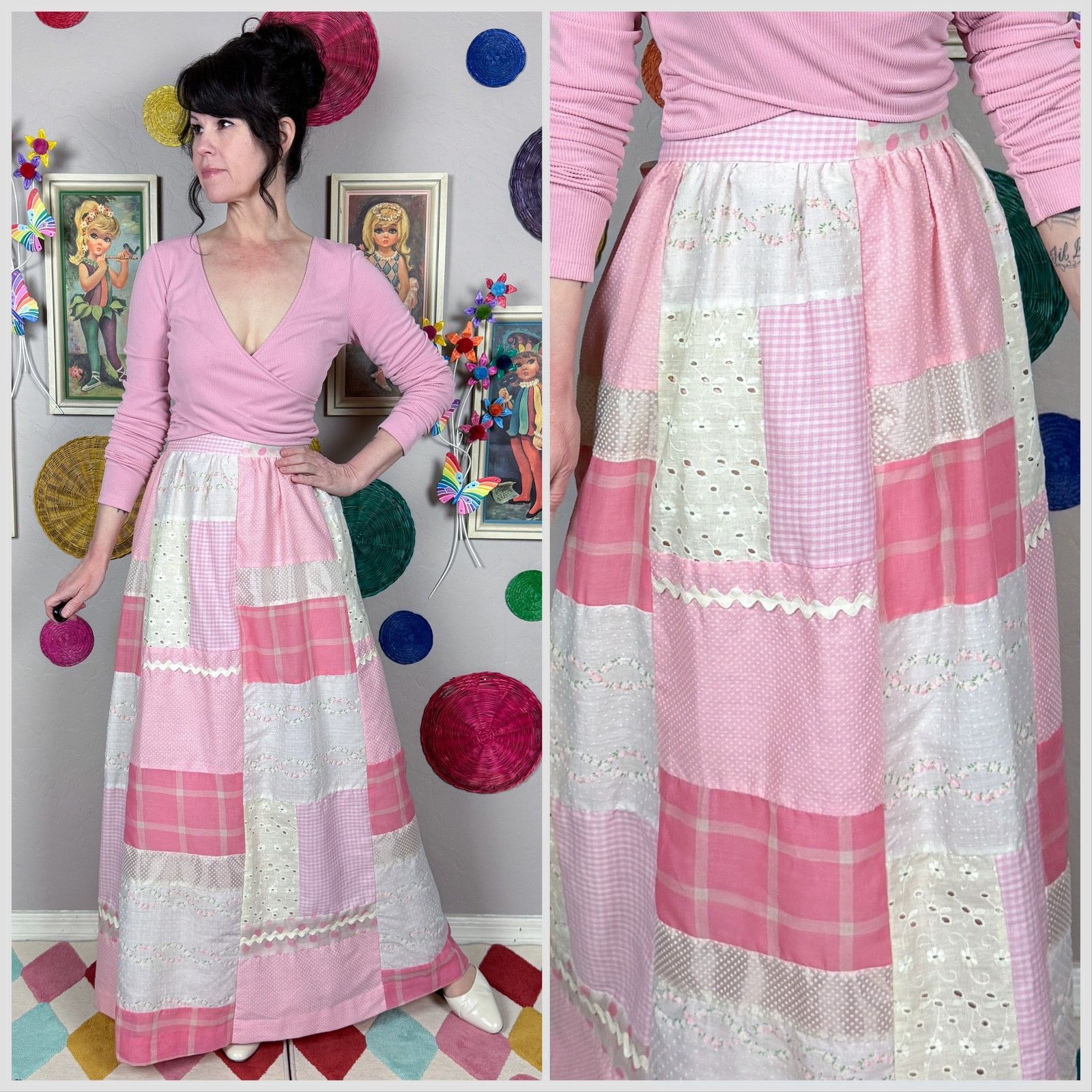 Vintage Vintage 1970s Pink and White Patchwork Peasant Maxi Skirt Size 30" / US 8 / IT 44 - 1 Thumbnail