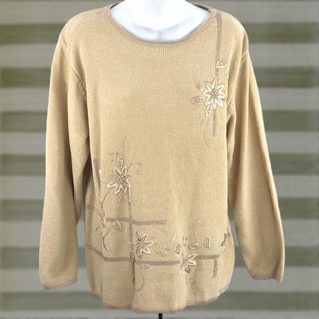 Vintage VINTAGE Jenny Chenille Knit Sweater Raglan Long Sleeve Beaded Embroidered Beige 90s Cottage Womens L Size L / US 10 / IT 46 - 1 Thumbnail