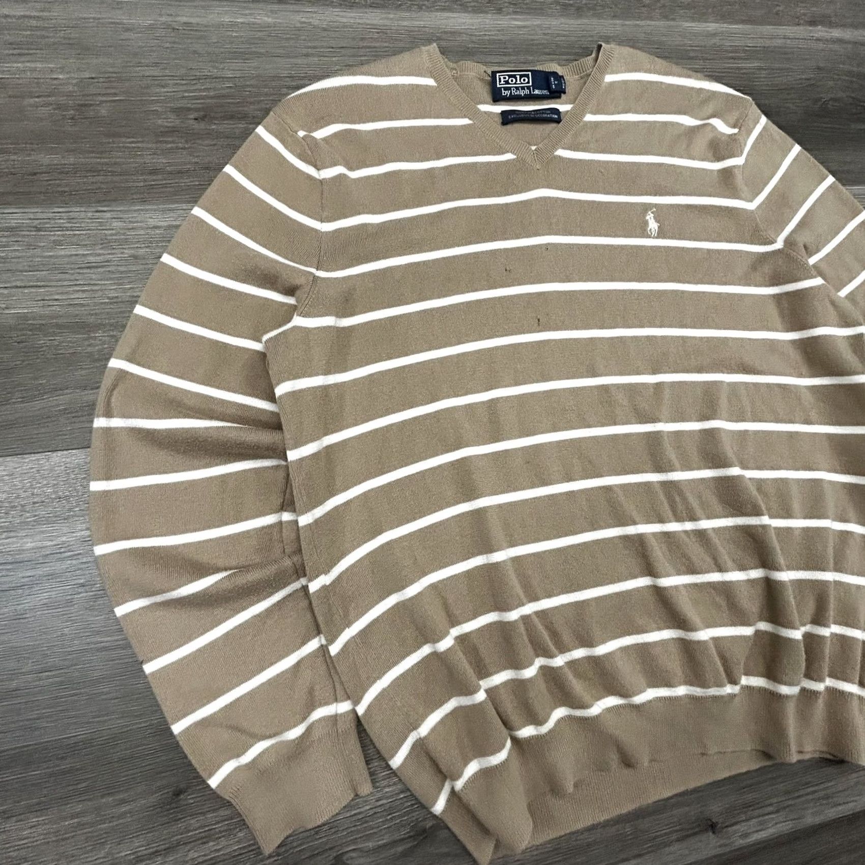 Polo Ralph Lauren VINTAGE Polo Ralph Lauren Sweater Mens Large Beige Striped V Neck 100% Pima Cotton Pullover Knit Logo Embroidered Chest Womens? Mens Size US L / EU 52-54 / 3 - 3 Thumbnail