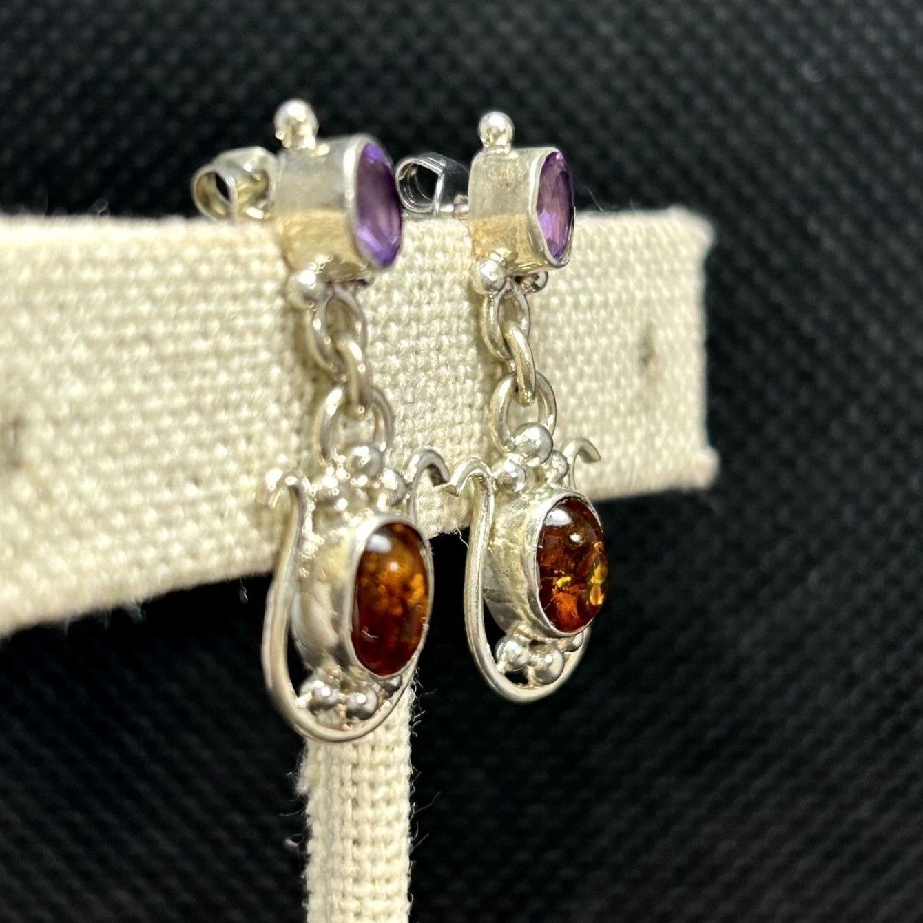 Vintage Sterling Silver 925 Amber & Amethyst Dangle Earrings Scroll Size ONE SIZE - 12 Thumbnail