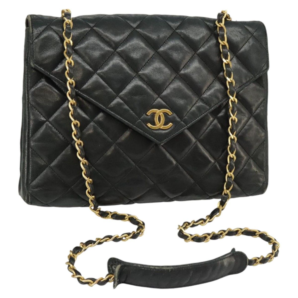 CHANEL Matelasse Chain Shoulder Bag Lamb Skin Black Gold CC Auth