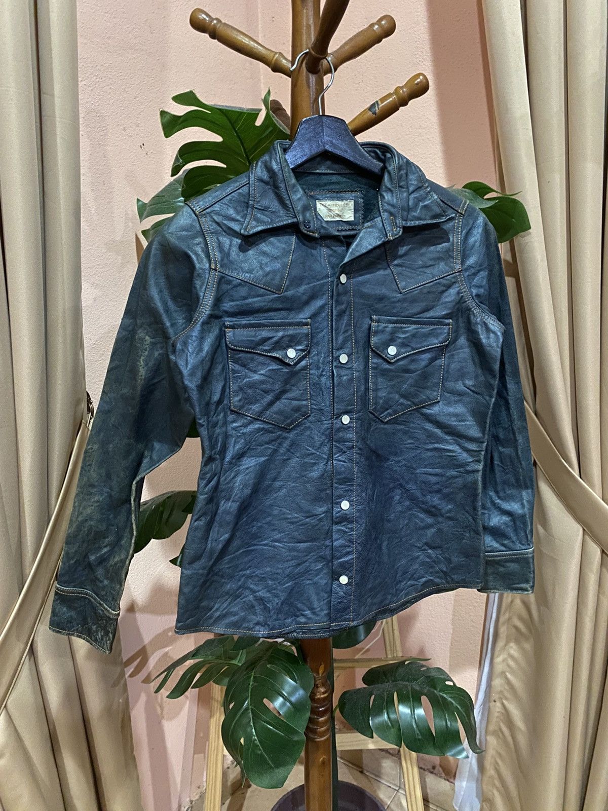 Leather Dessiné par Kondo Western Shirt Jacket Distressed Patina Size XS / US 0-2 / IT 36-38 - 3 Thumbnail