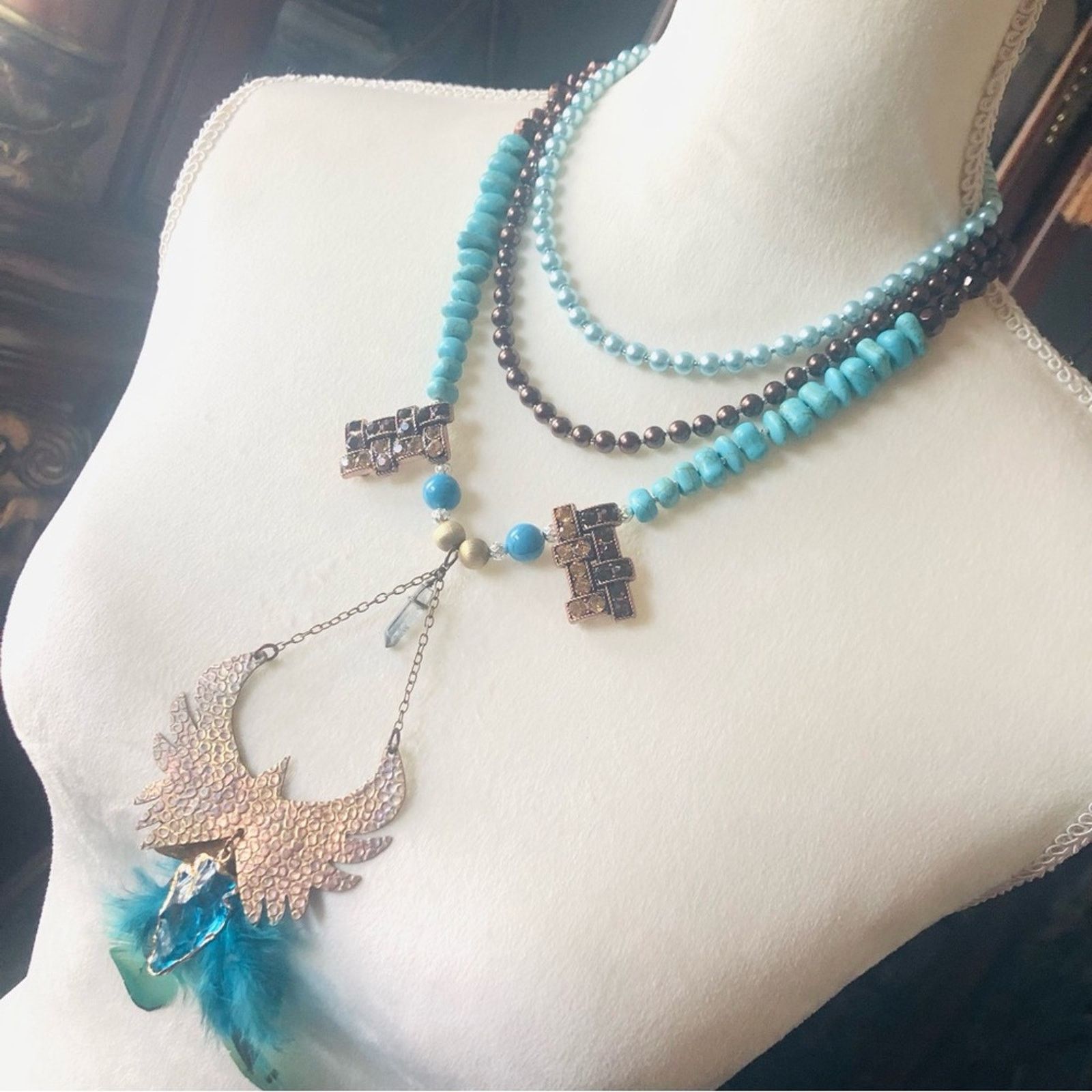 Handmade Handcrafted copper eagle Czech Pearl howlite necklace Size ONE SIZE - 3 Thumbnail