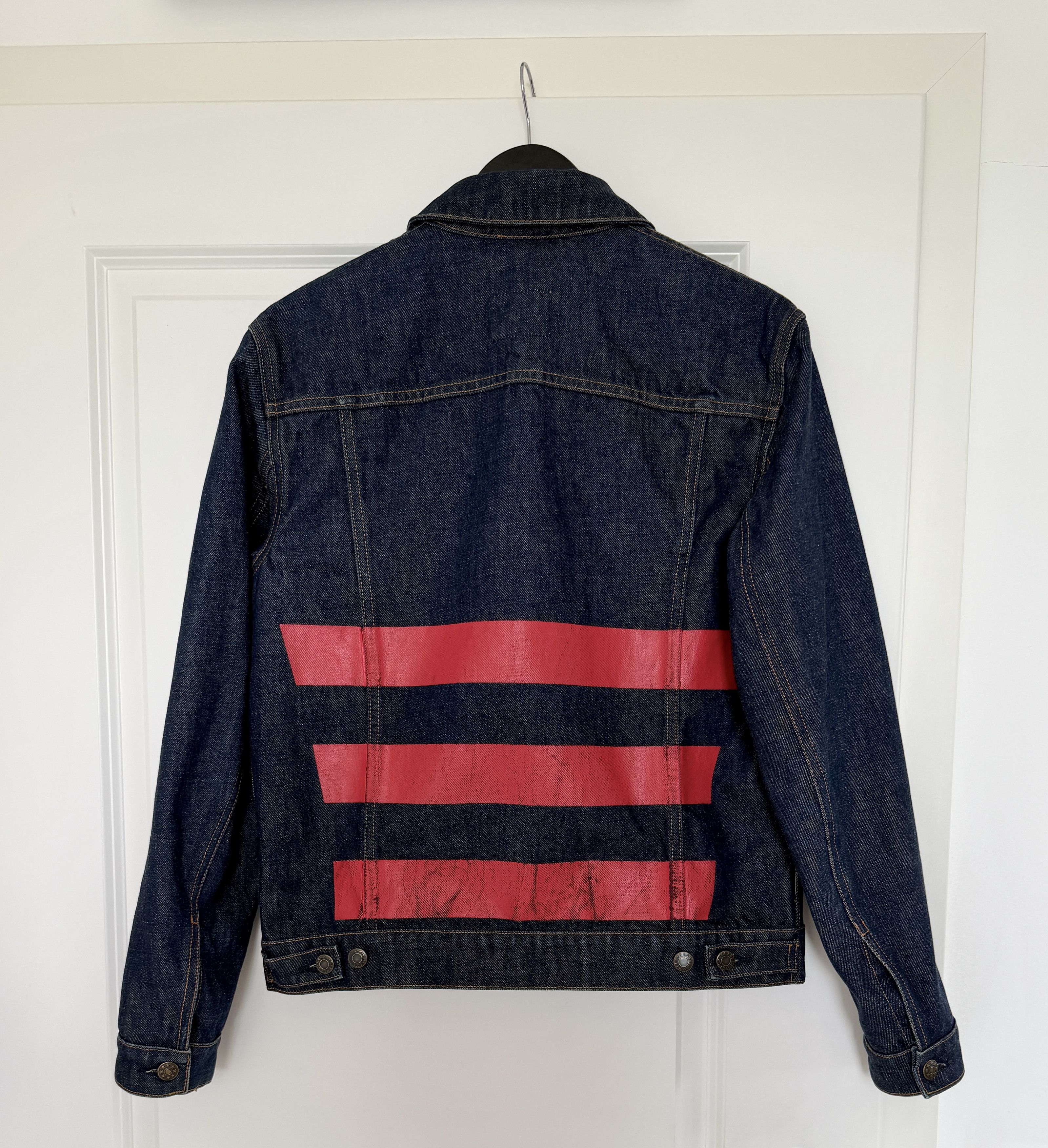 helmut lang reedition 赤ストライプ　赤ペンキ　ジャケット Helmut Lang 1997 Re-Edition Red Stripe Denim Jacket | Grailed