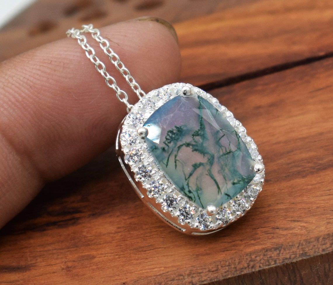 Handmade Moss Agate 925 Sterling Silver Necklace: Meditation Jewelry Size ONE SIZE - 4 Thumbnail