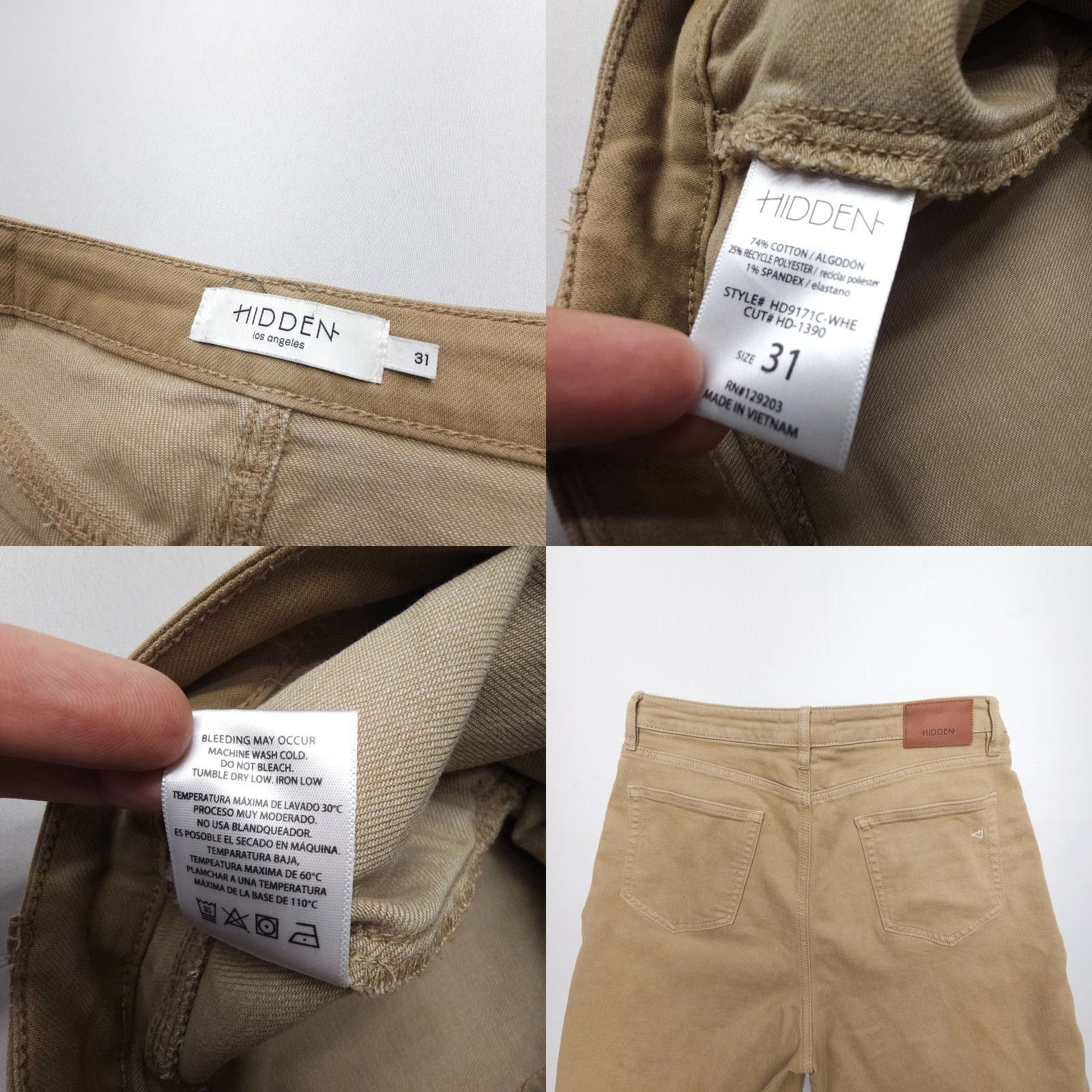 Vintage Hidden Wide Leg Crop Pants, Women's 31, Beige, Button Fly, Stretch Cotton, Casual, Relaxed Fit, USA Size 24" / US 00 / IT 34 - 8 Thumbnail