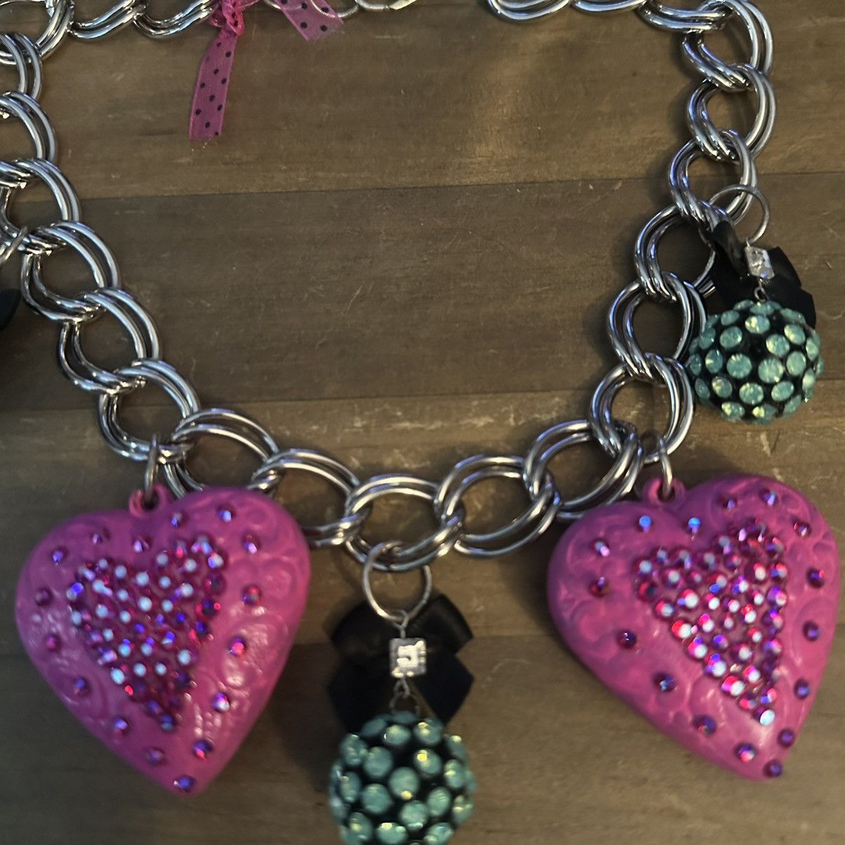 Other Chunky silver tone pink puffed rhinestone heart necklace Size ONE SIZE - 6 Thumbnail