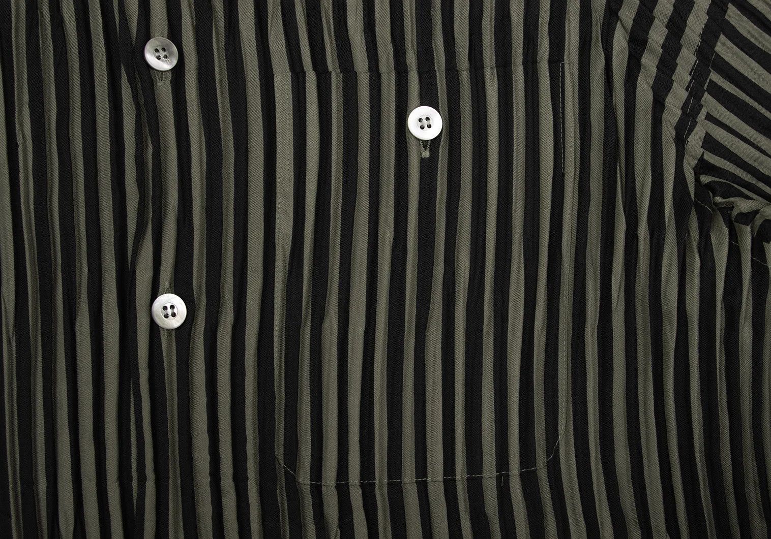 Issey Miyake Pleated Stripe Band Collar Shirt in Black Khaki M Size US M / EU 48-50 / 2 - 6 Thumbnail