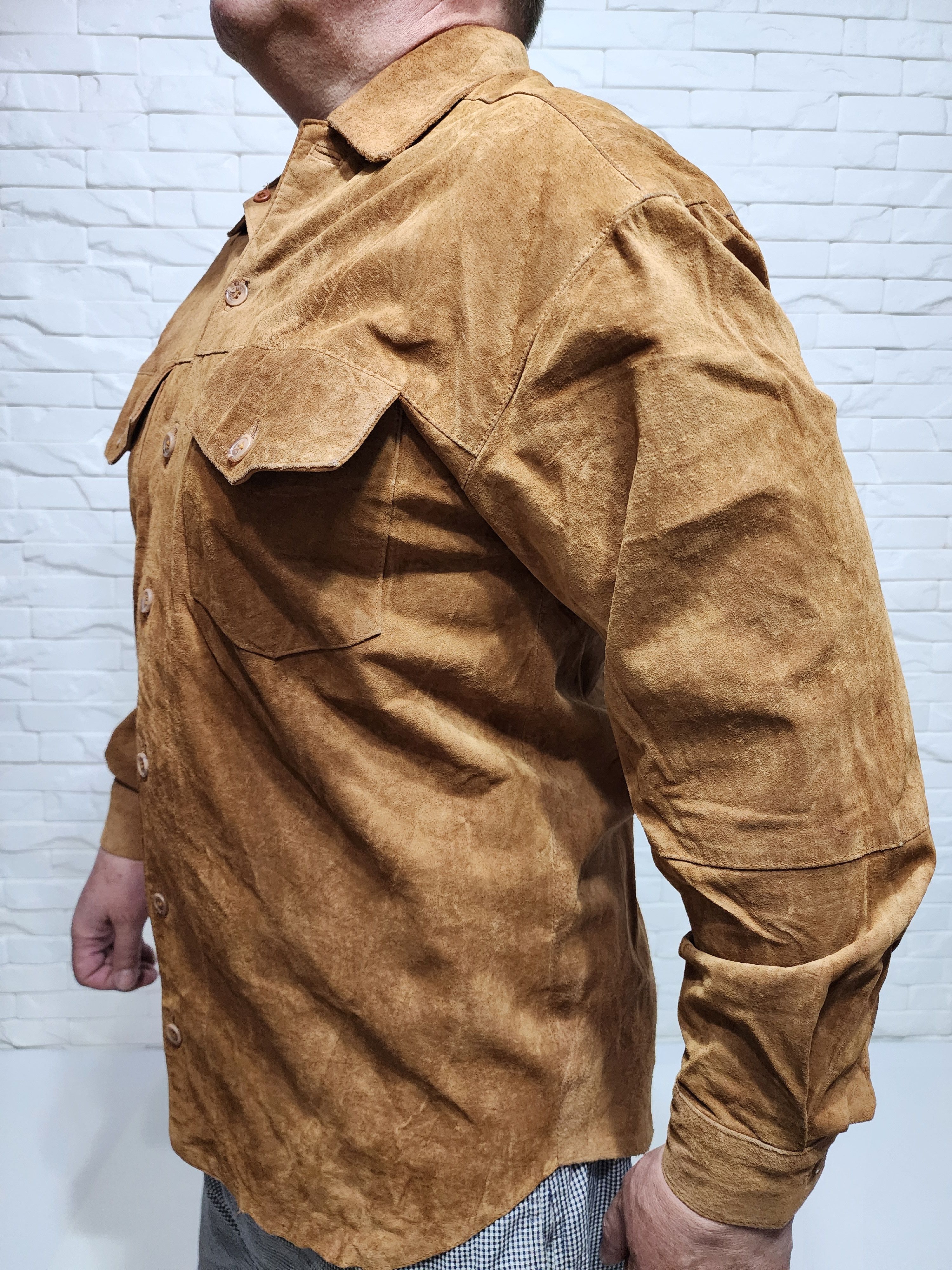 Genuine Leather Men's leather shirt with plastic buttons. Size US L / EU 52-54 / 3 - 4 Thumbnail