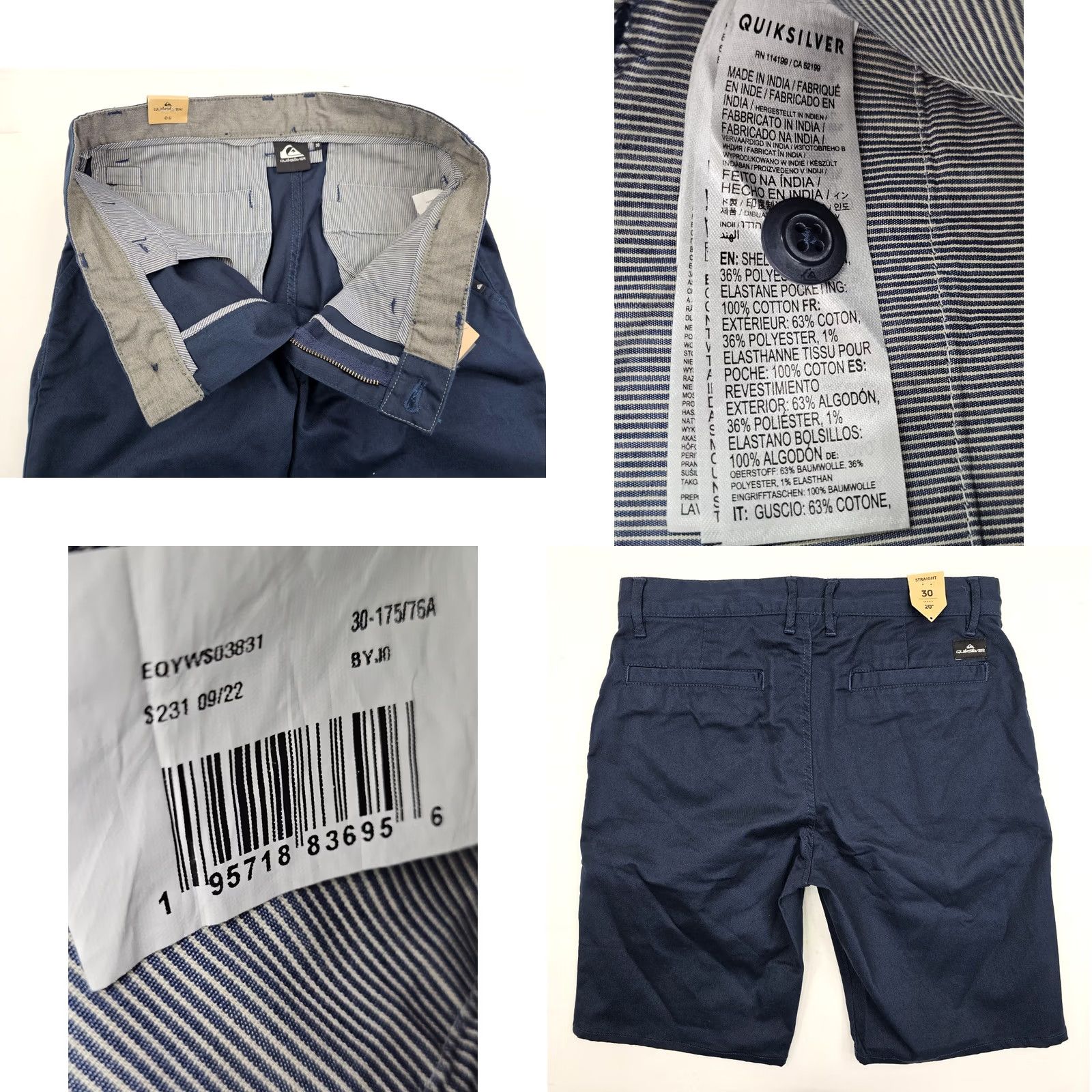 Quiksilver Quiksilver Bermuda Shorts Men 31 Blue Cotton Polyester Golf Casual Pockets 9" Inseam Straight-Leg Chino Stitch Front Flat Front NWT Size US 31 - 8 Thumbnail