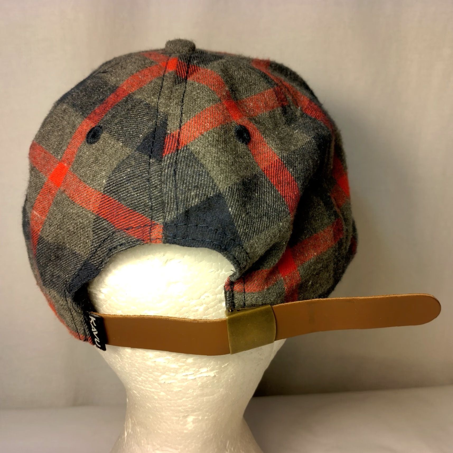 KAVU KAVU Cabin Fever Hat Gray Red Black Plaid Flannel Adjustable Leather Strap Back Casual Travel Men One Size Baseball Cap Size ONE SIZE - 5 Thumbnail
