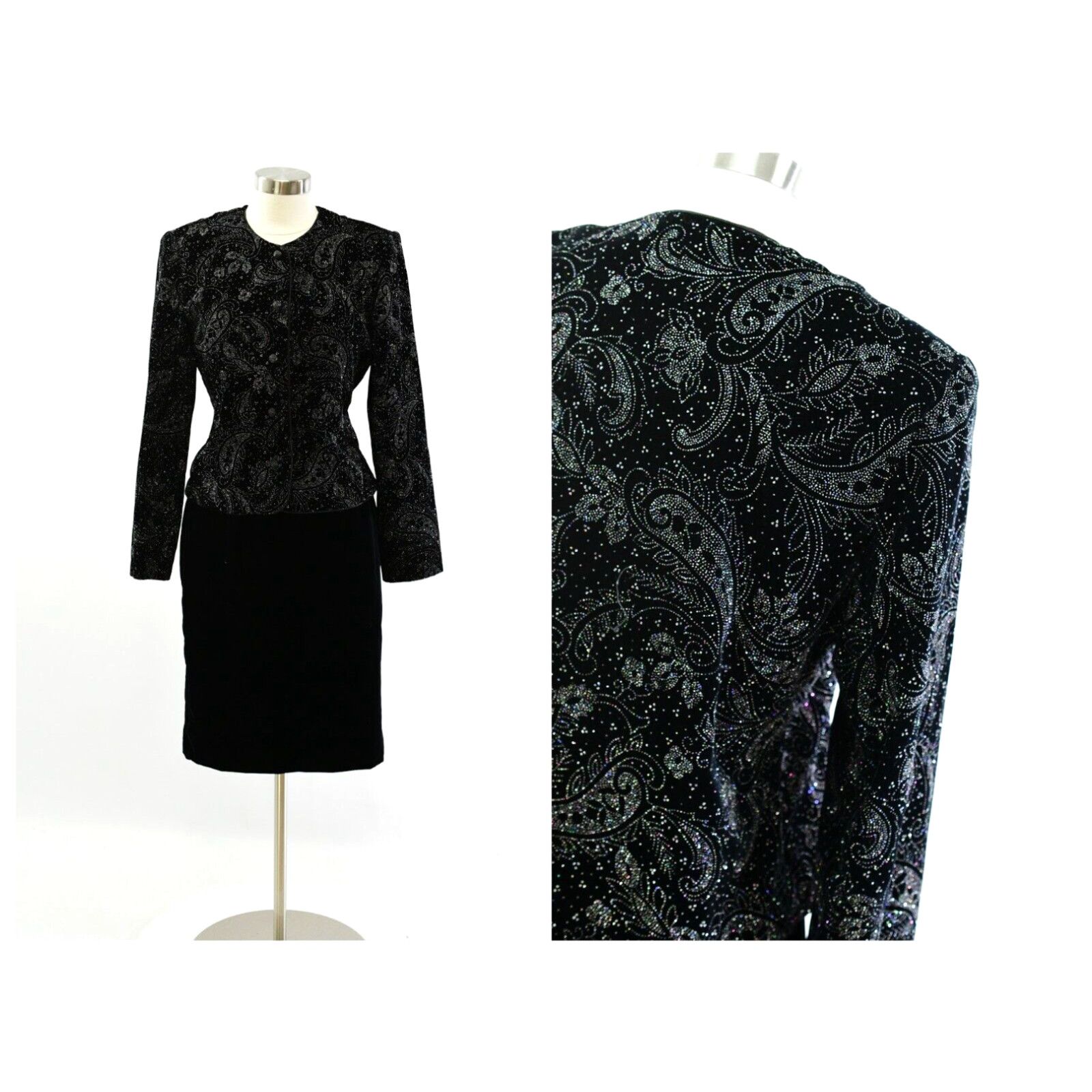 image of 90's Vintage Womens 8 Black Velvet Skirt Suit Asian Knot Blazer Straight Skirt in White