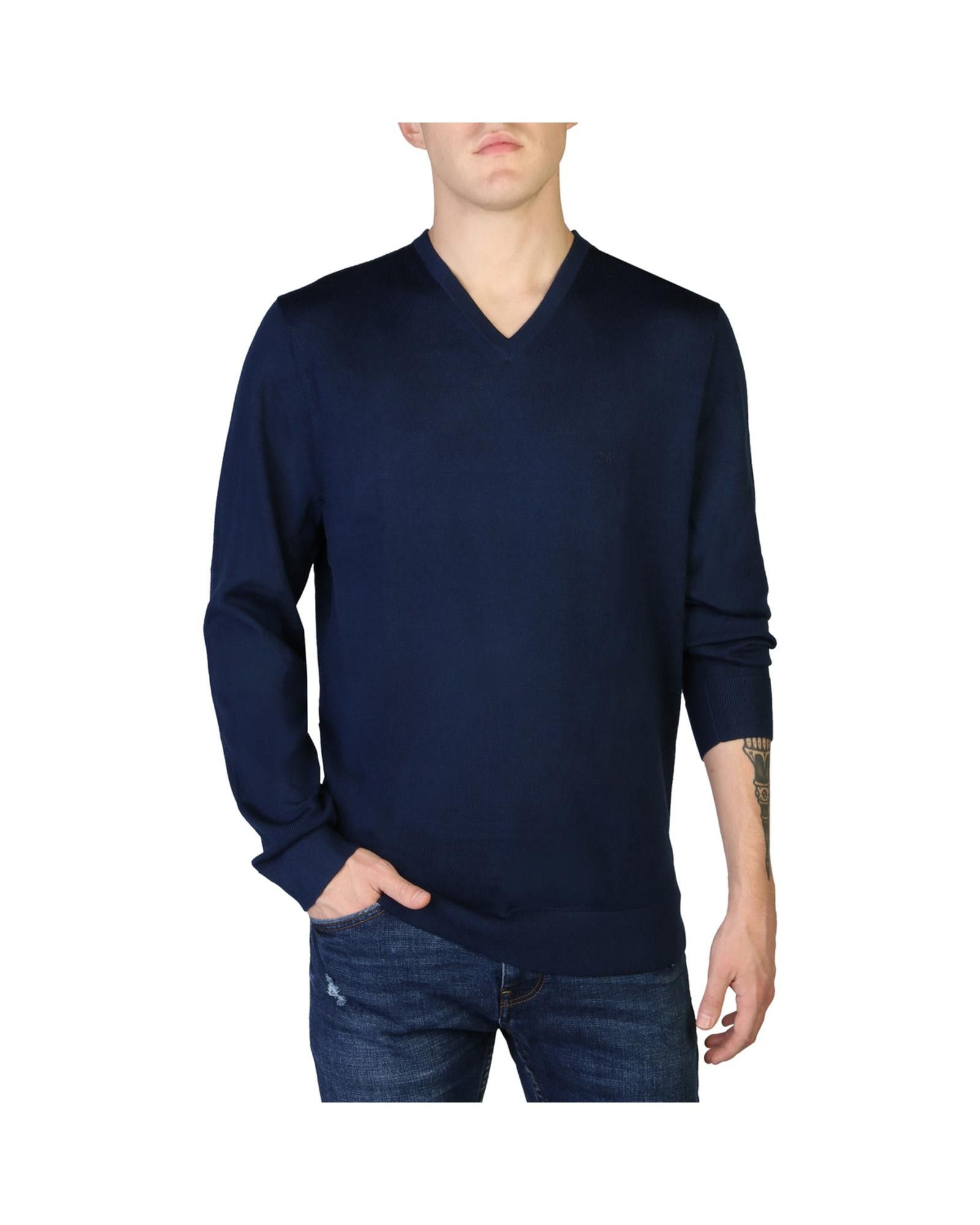 image of Calvin Klein Wool V-Neck Sweater in Blue, Men's (Size Small)