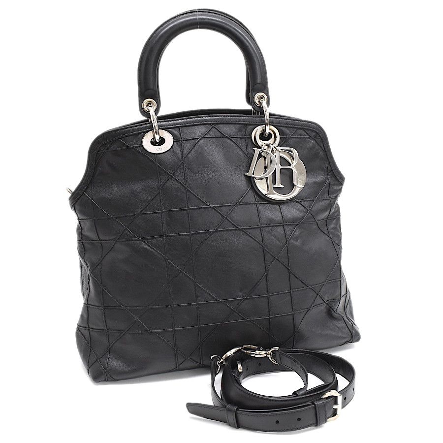 image of Christian Dior Handbag Shoulder Bag Granville Cannage Leather Black, Women's