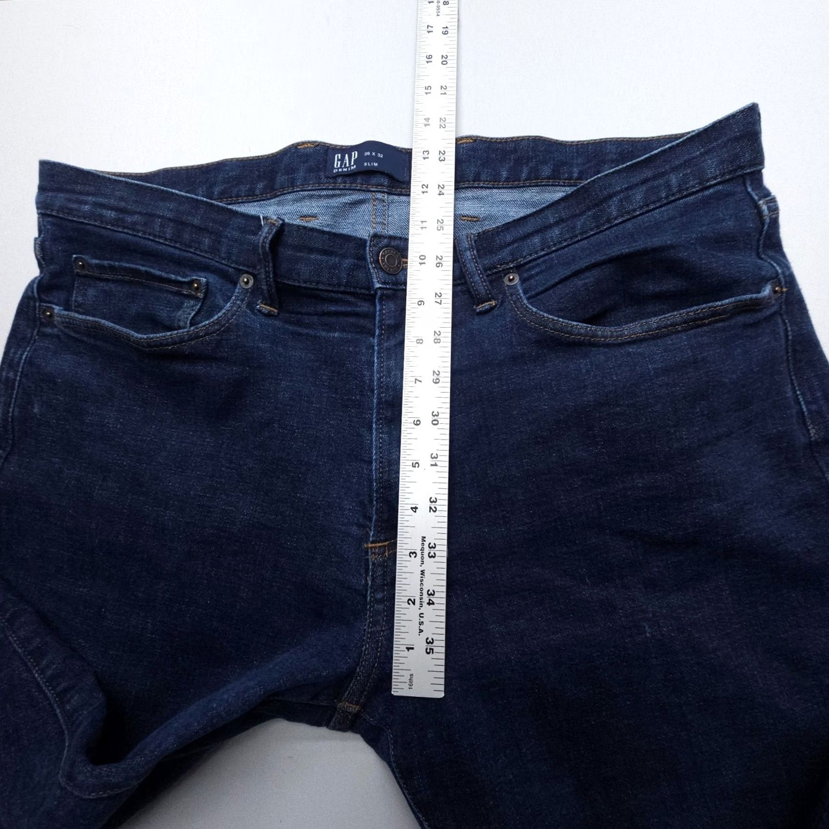 Gap Gap Jeans Mens Slim Straight 36 x 30 Inseam Dark Wash Denim Cotton Blend 5-Pocket Image Logo Button Blue USA 1969 Size US 36 / EU 52 - 6 Thumbnail