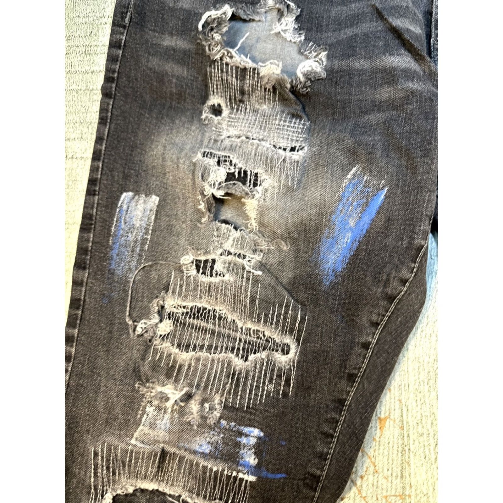 Vintage Focus Jeans Men Straight Distressed Black Blue White Paint 38x32 30in Inseam Mens Regular Fit Size US 34 / EU 50 - 5 Thumbnail