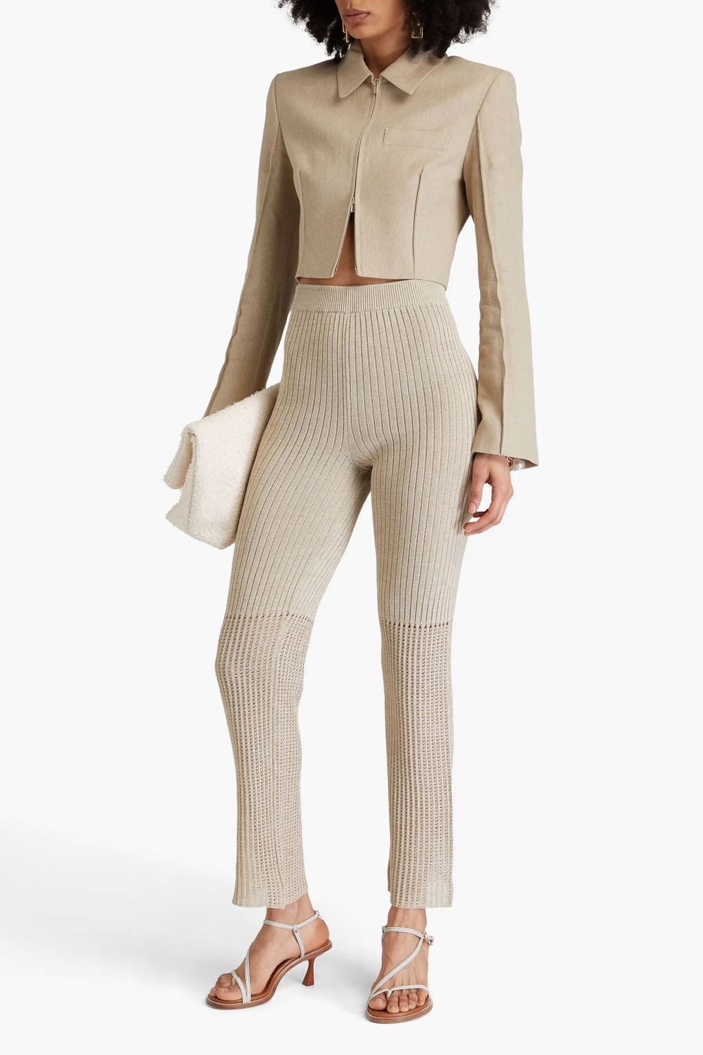 Nanushka NANUSHKA Karine Ribbed & Pointelle-knit slim-leg Pants Beige Size 30" / US 8 / IT 44 - 2 Thumbnail