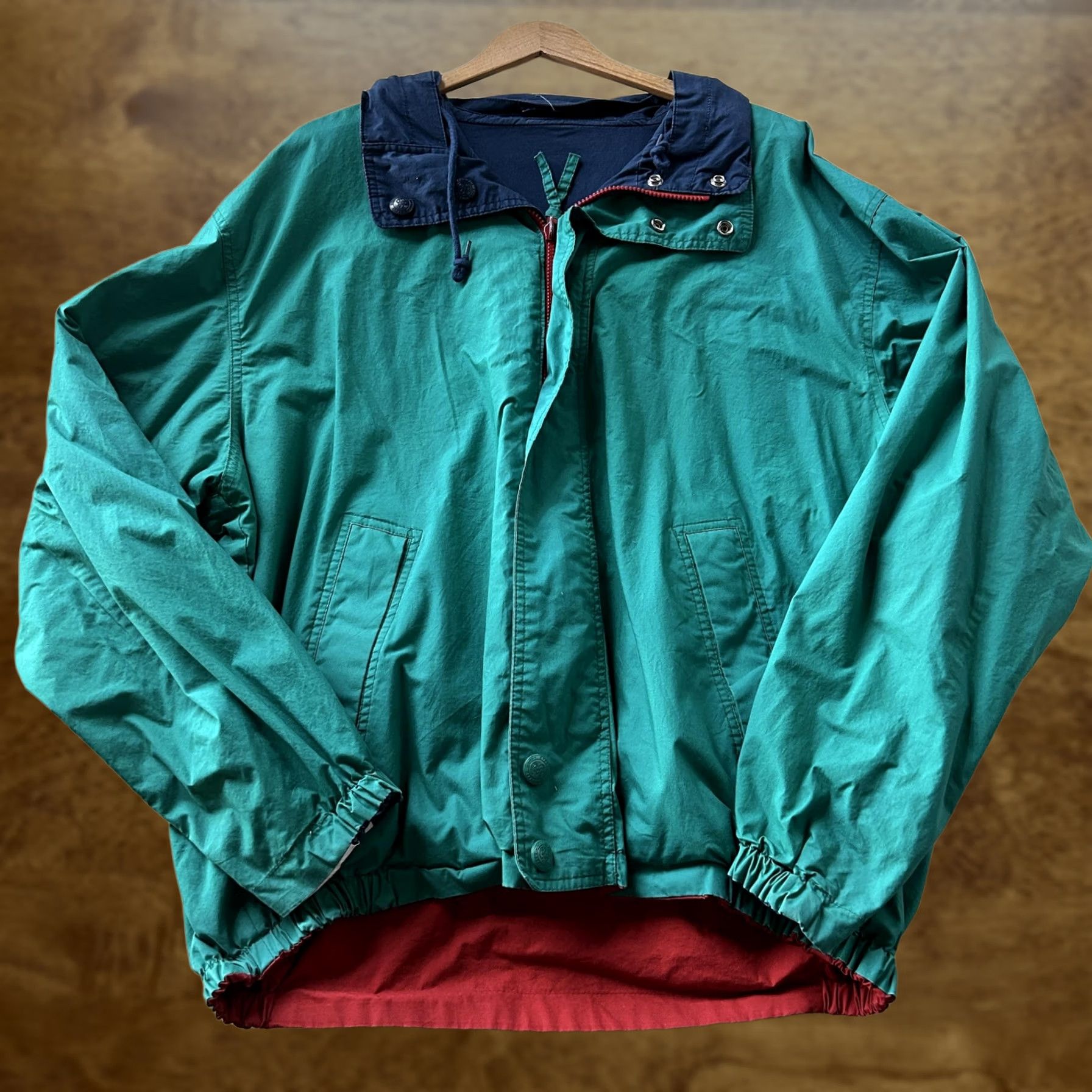 Vintage Hooded Windbreaker Jacket Mens XL Green Nylon Navy Hood Red Lining Full Zip Size US XL / EU 56 / 4 - 1 Thumbnail