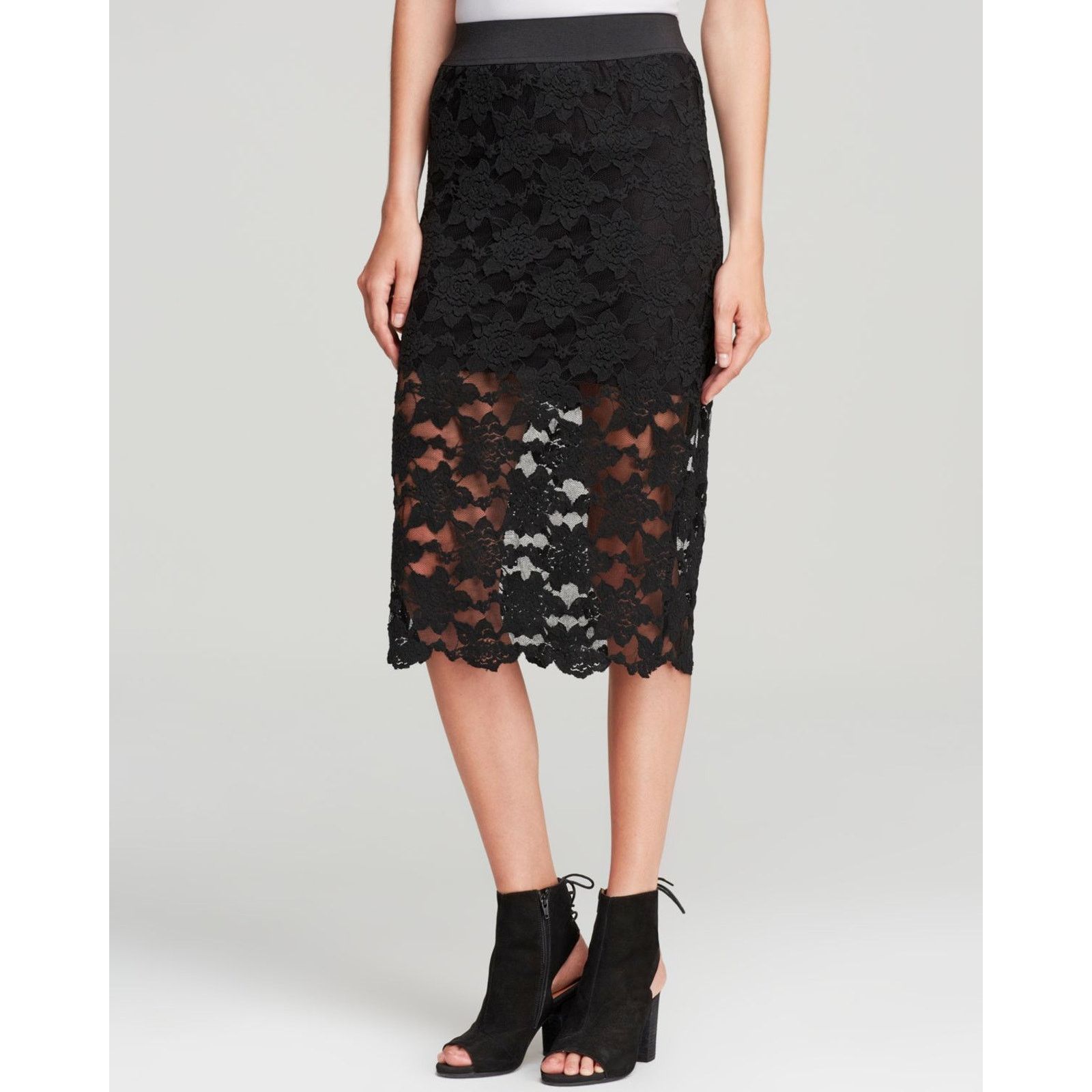 Free People New Lace Pencil Skirt Black $78 X-Small Midi Elastic Waist Size 26" / US 2 / IT 38 - 3 Thumbnail