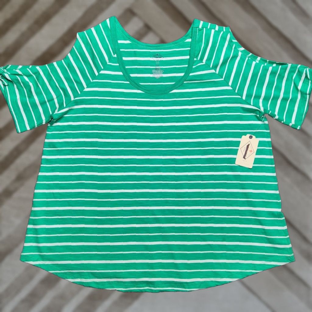 Vintage VINTAGE St. Johns Bay Women Blouse Petite XL PXL Green Stripe Open Shoulder Top NEW Size XL / US 12-14 / IT 48-50 - 1 Thumbnail