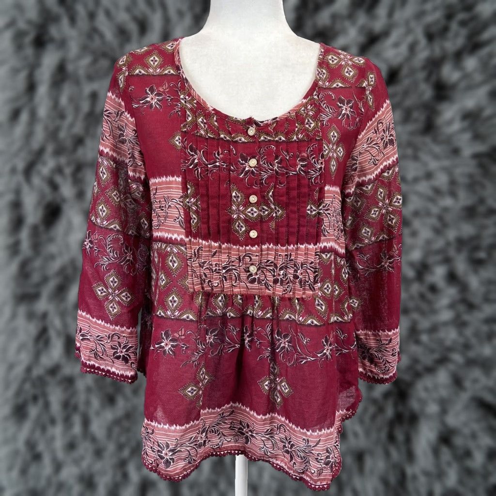 Vintage Ralph Lauren Womens Peasant Blouse Top Small Red Floral 3/4 Sleeve Cotton Casual Size S / US 4 / IT 40 - 1 Thumbnail