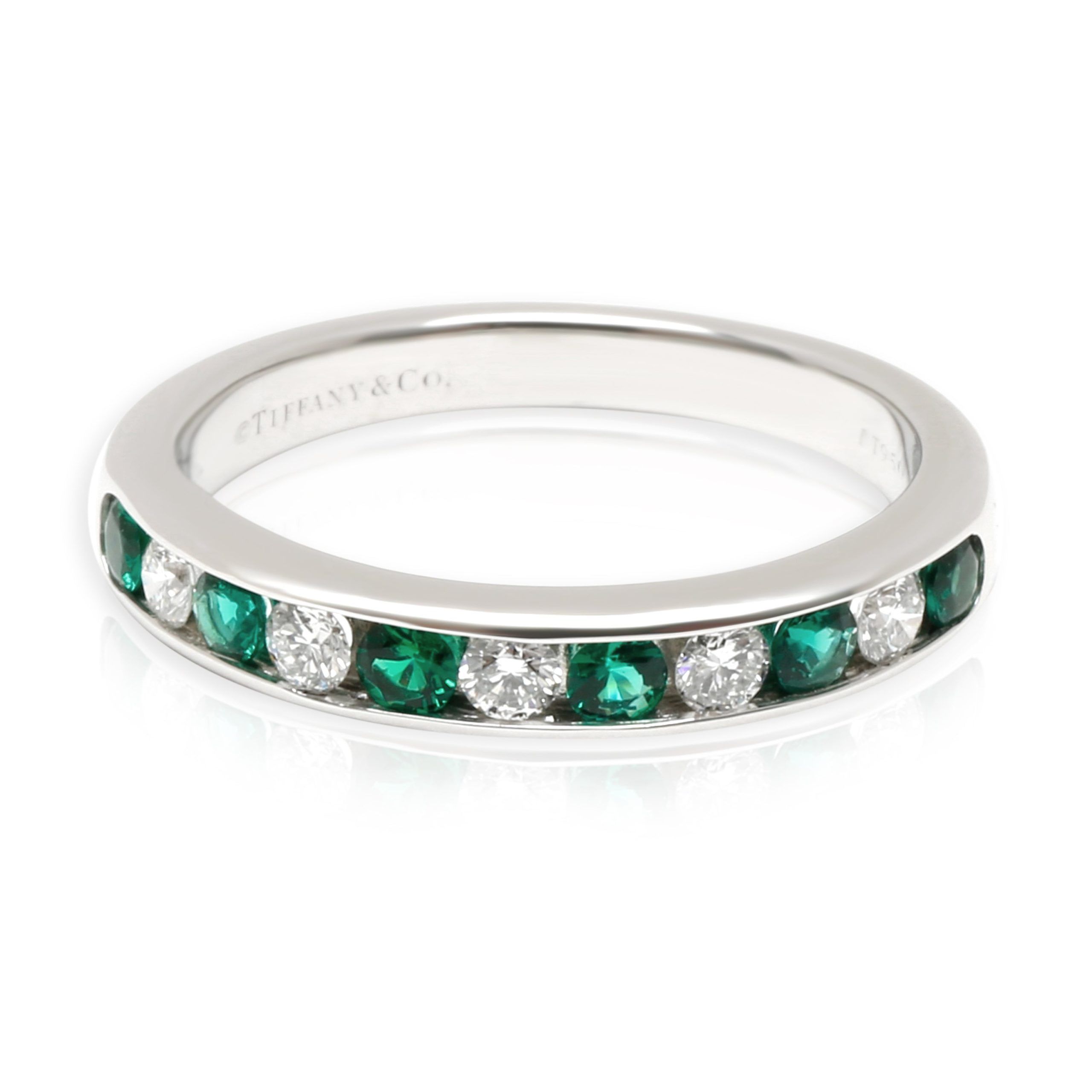 image of Tiffany Co Tiffany & Co. Channel Set Diamond & Emerald Band In Platinum 0.15 Ctw in Silver, Women's