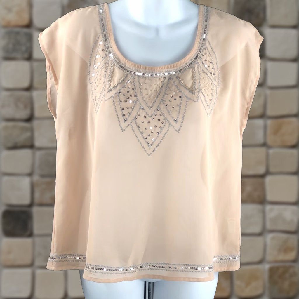 Decree Decree Blouse Shirt M Beige Chiffon Scoop Neck Sequin Bead Short Sleeve Cap Sleeve Casual Bohemian City Classic Elegant Vintage No Size M / US 6-8 / IT 42-44 - 1 Thumbnail