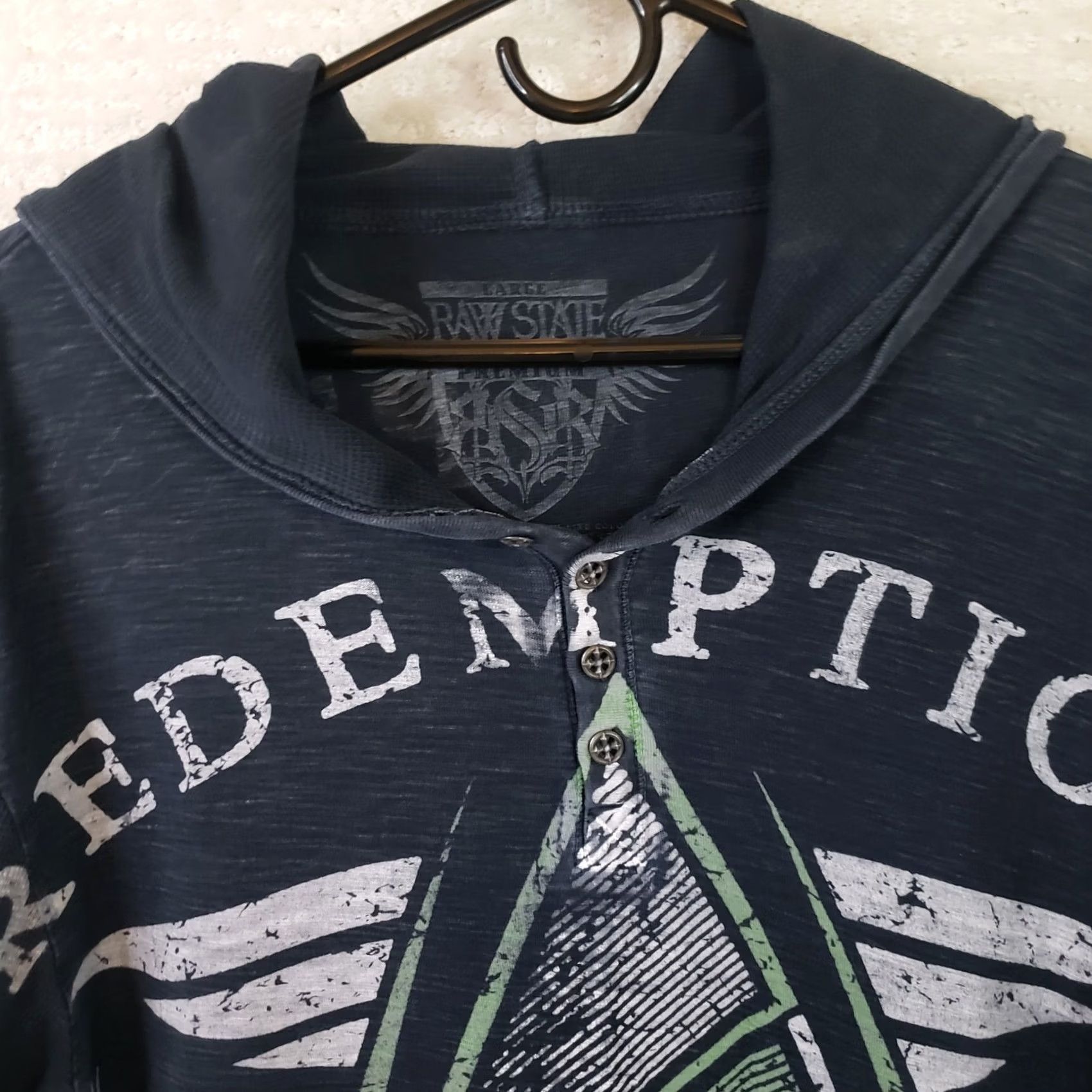 Vintage Raw State Premium Hooded Henley Tee Mens L Black Graphic Print USA Shirt Size US L / EU 52-54 / 3 - 4 Thumbnail