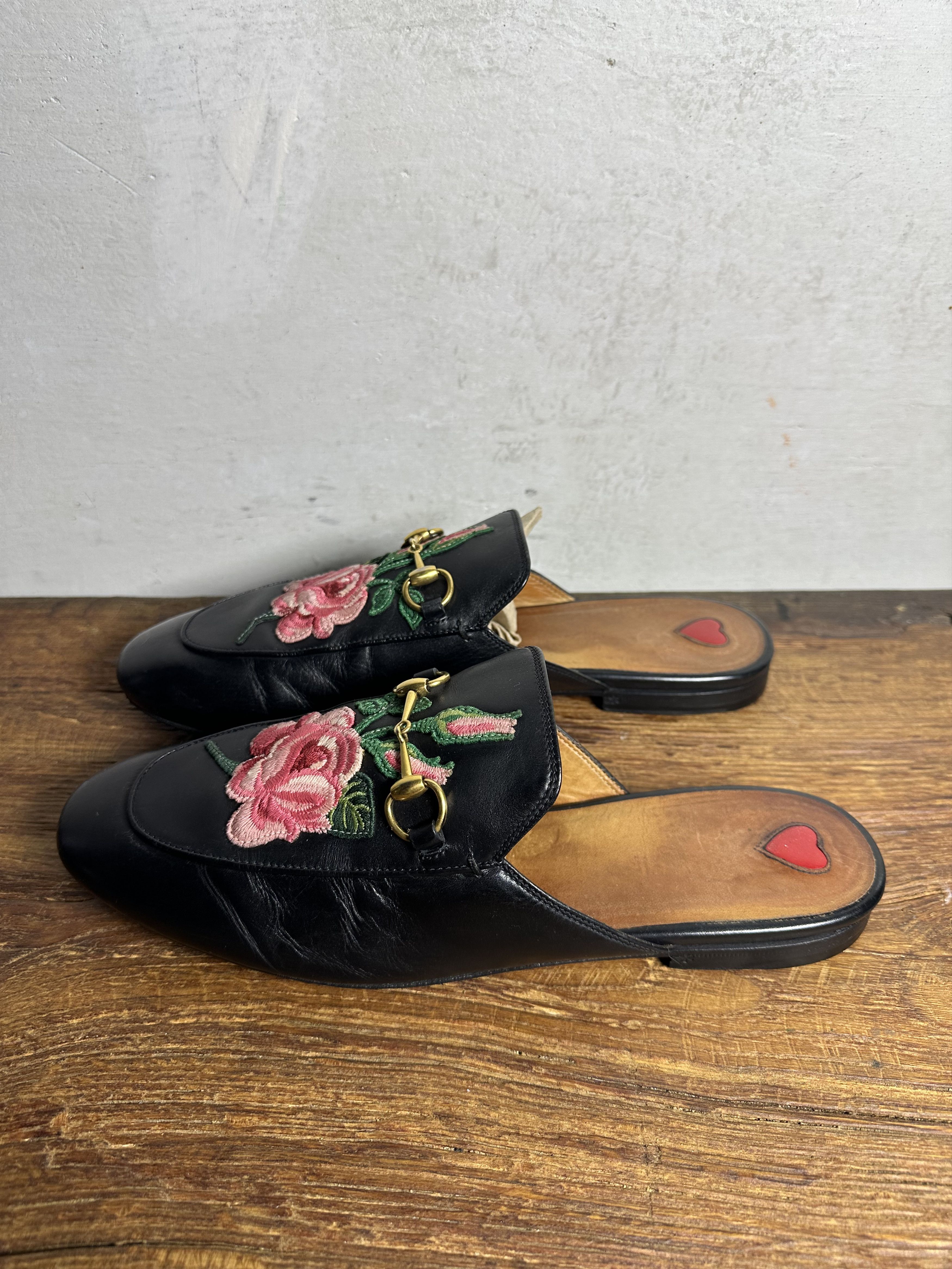 Gucci GUCCI Rose Embroidered Princetown Horsebit Leather Mules Size US 10 / IT 40 - 4 Thumbnail
