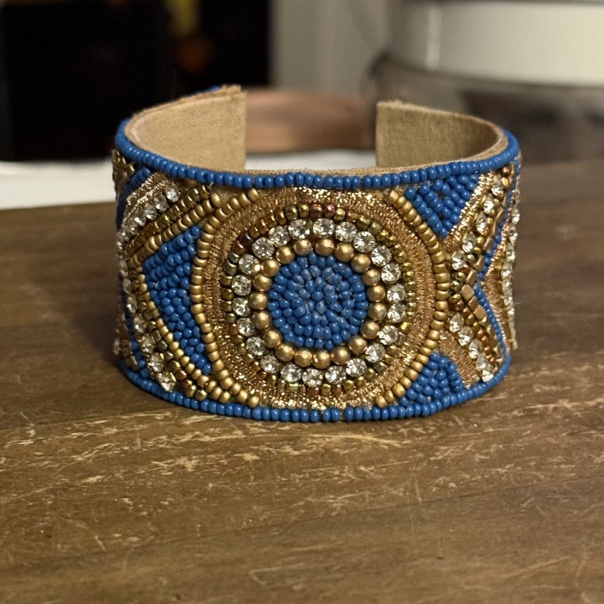 Other Handmade blue and gold beaded rhinestone wide cuff bracelet Size ONE SIZE - 7 Thumbnail