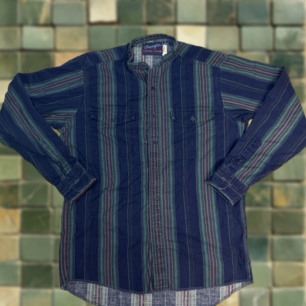Wrangler VINTAGE Wrangler Collarless Button-Up Shirt Western Men’s M 15-1/2 X 34 Striped Blue Long Sleeve Size 15.5 Mens Size US L / EU 52-54 / 3 - 1 Thumbnail
