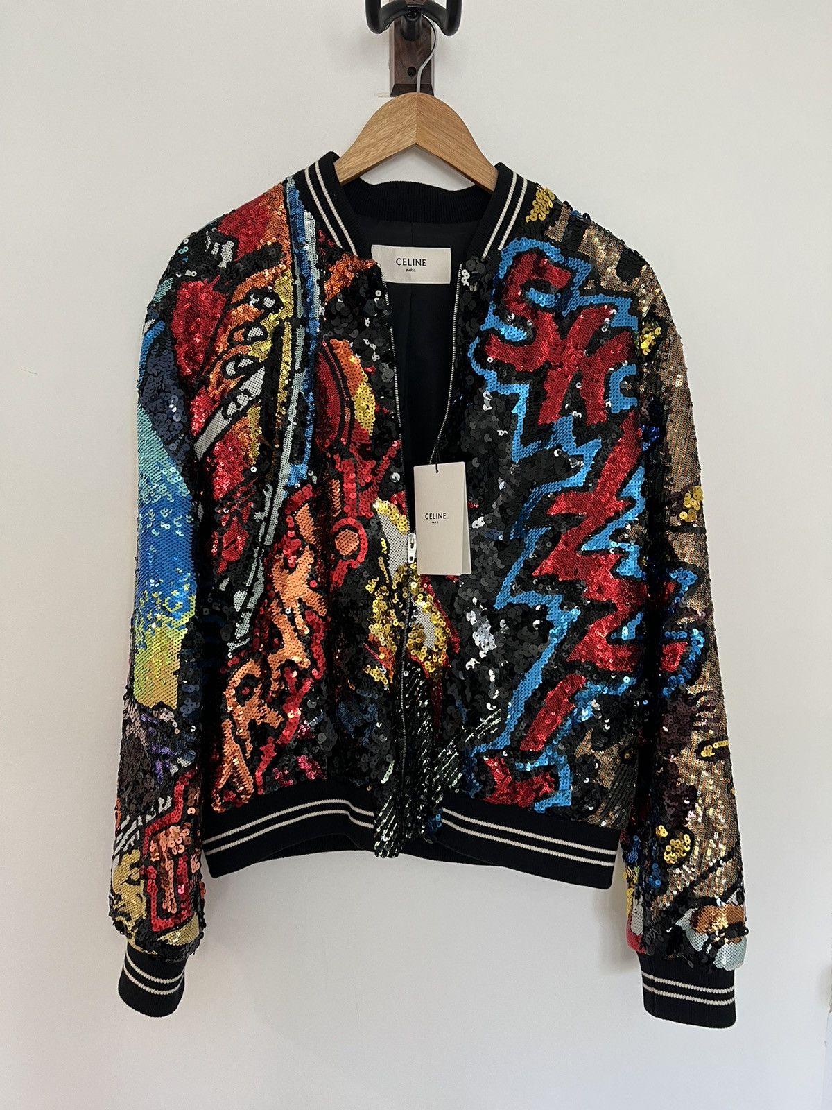 image of Celine x Hedi Slimane 15K Sequin Marclay Teddy Jacket in Rainbow, Men's (Size Medium)