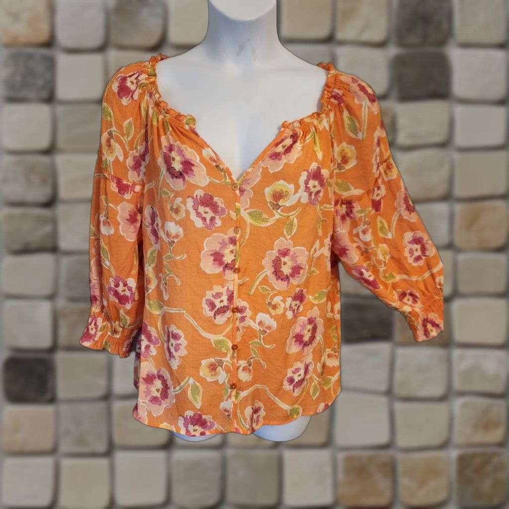 Vintage Mlle Gabrielle Orange Floral Top Blouse 3/4 Sleeve Button Front V-Neck XL Womens Boho Hippie Casual Workwear Size XL / US 12-14 / IT 48-50 - 1 Thumbnail