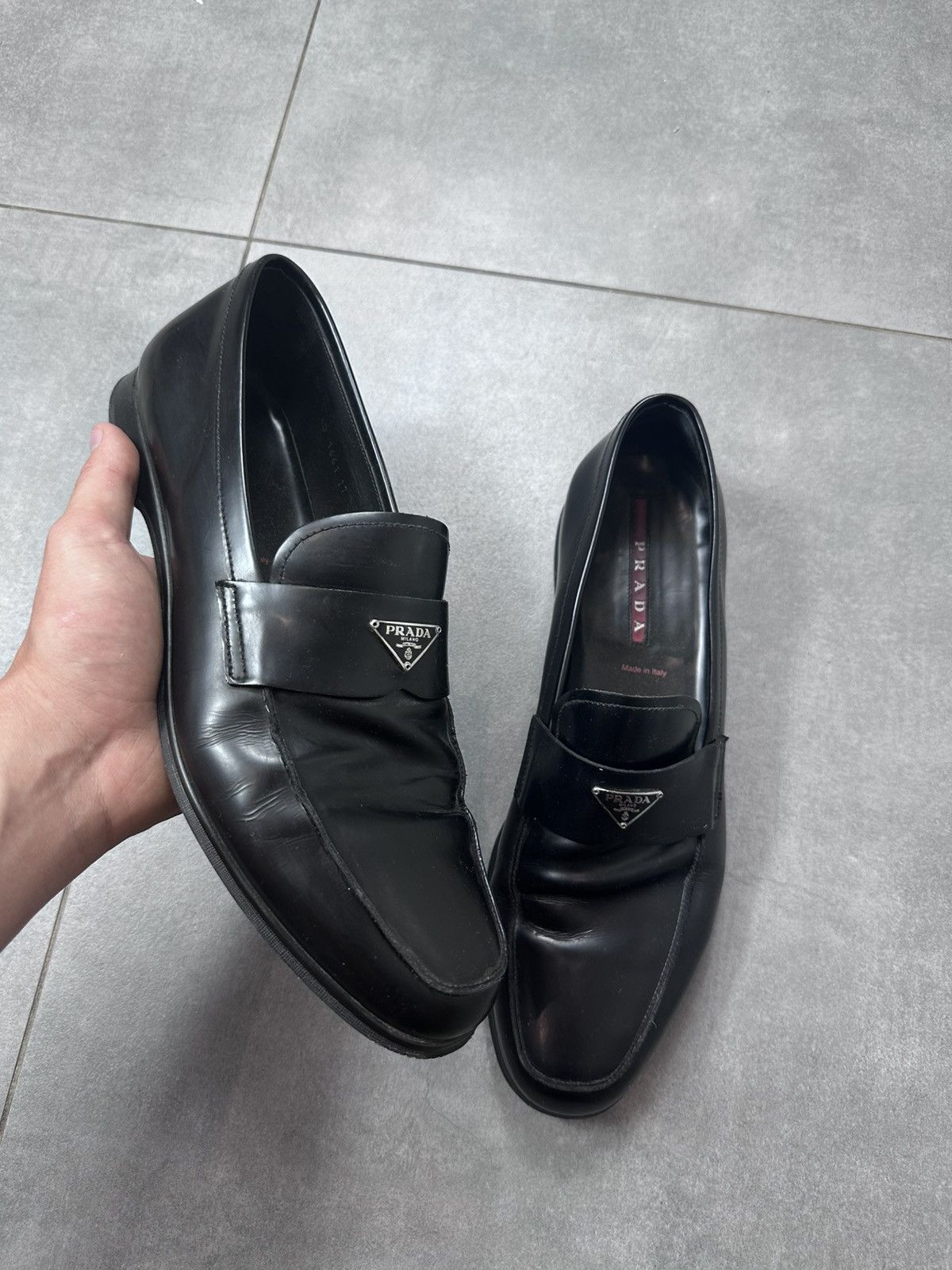 Prada Triangle Plaque Logo Loafers Black Leather Mens SlipOn