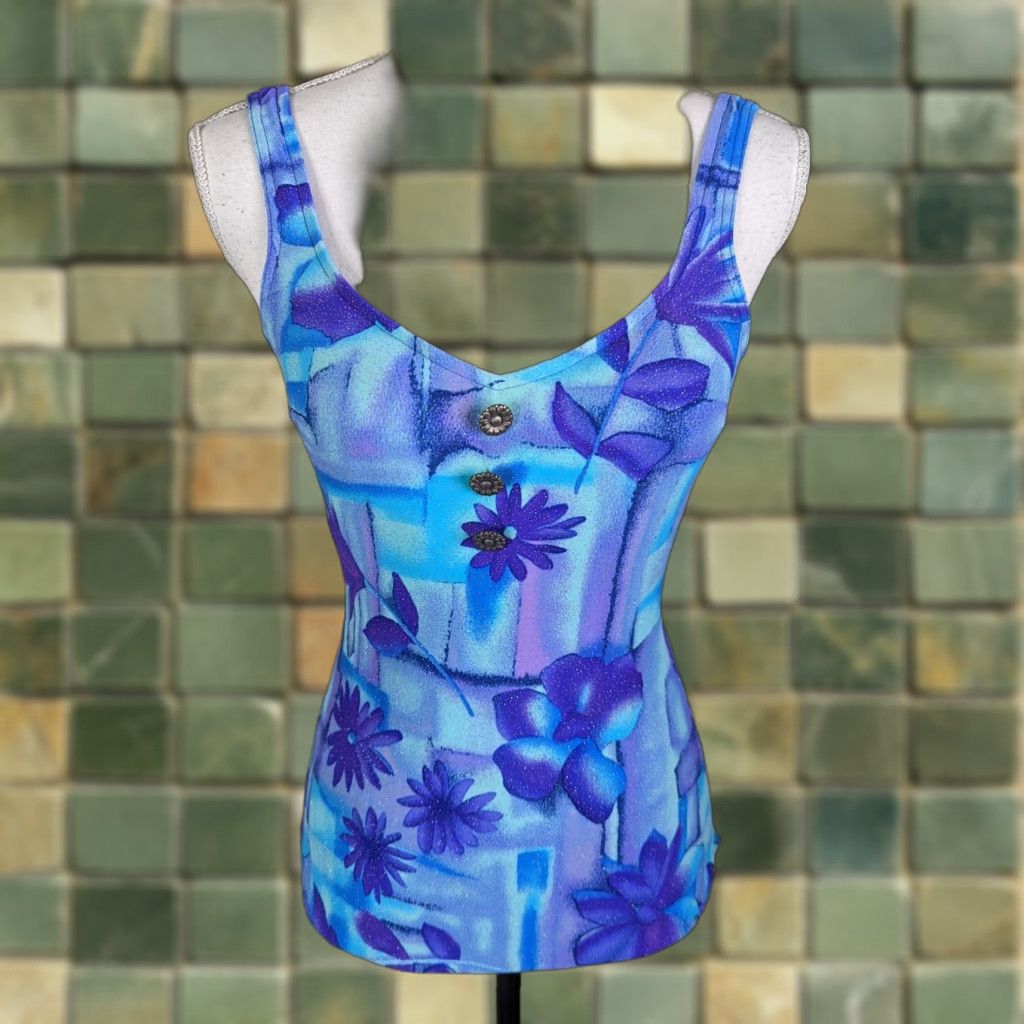 Vintage VINTAGE 90s Floral One Piece Swimsuit S Blue Women's Beach Neon Size ONE SIZE - 1 Thumbnail