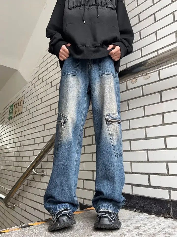 image of Distressed Denim Pocket Zipper Denim Pant in Blue, Men's (Size 29)