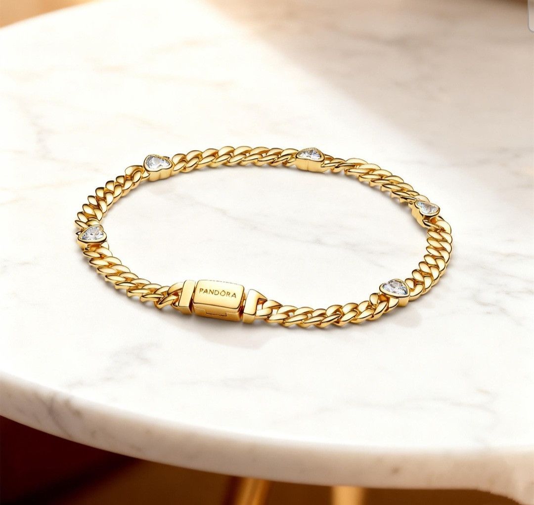pandora PANDORA 14K GOLD-PLATED CZ HEART CUBAN CHAIN BRACELET Size ONE SIZE - 6 Thumbnail