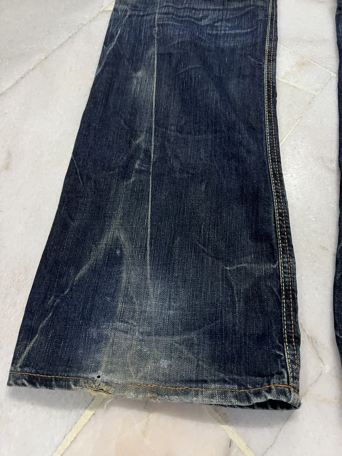 Edwin × Vintage 💥Flare💥Edwin 503 Blue Trip Distress Jean Size US 35 - 13 Thumbnail