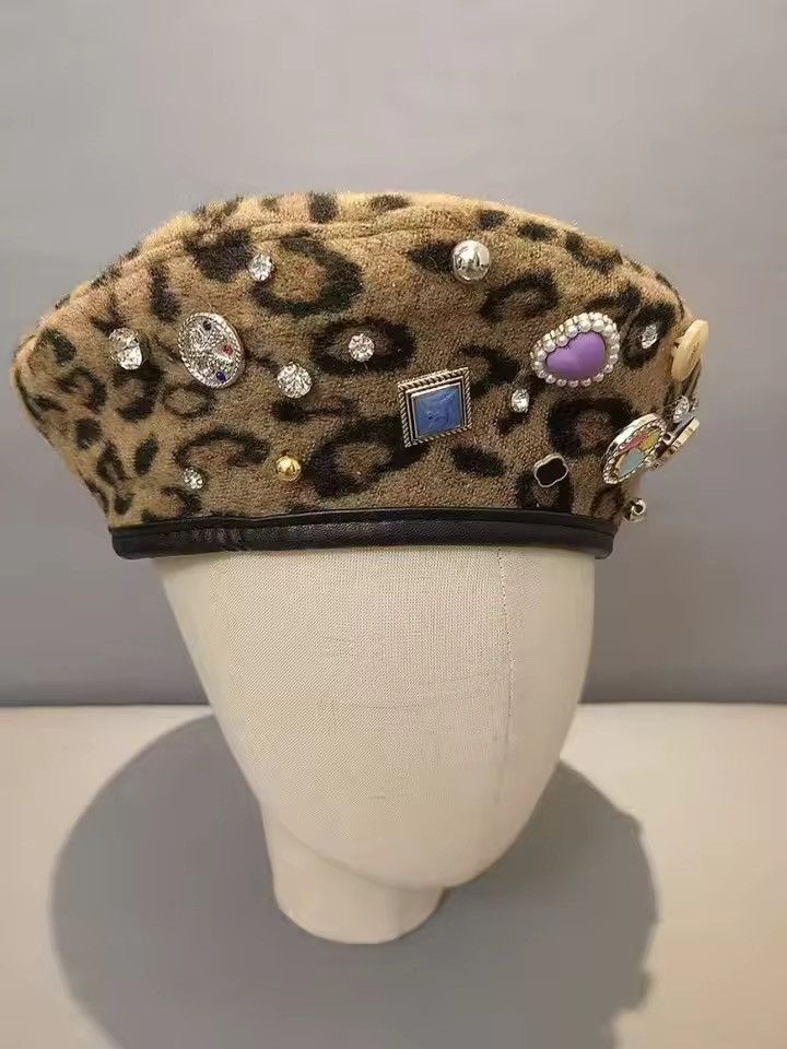 Vintage Buttons Diamonds Rhinestone Leopard Printed Berets Hat Size ONE SIZE - 1 Thumbnail
