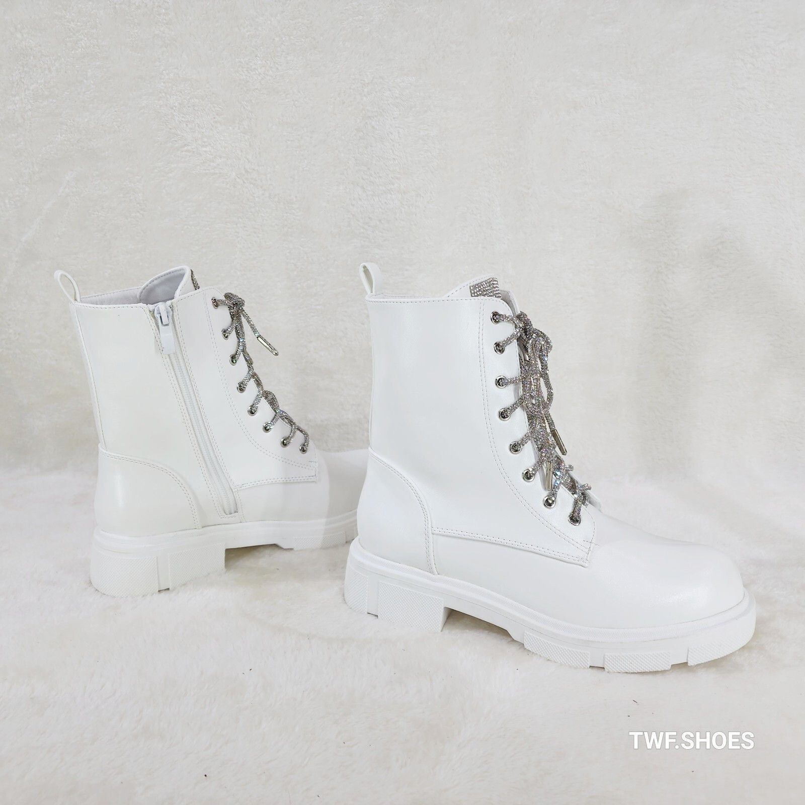 Other Rylee White Combat Ankle Boots Iridescent Rhinestone Tongue Size US 9 / IT 39 - 2 Thumbnail