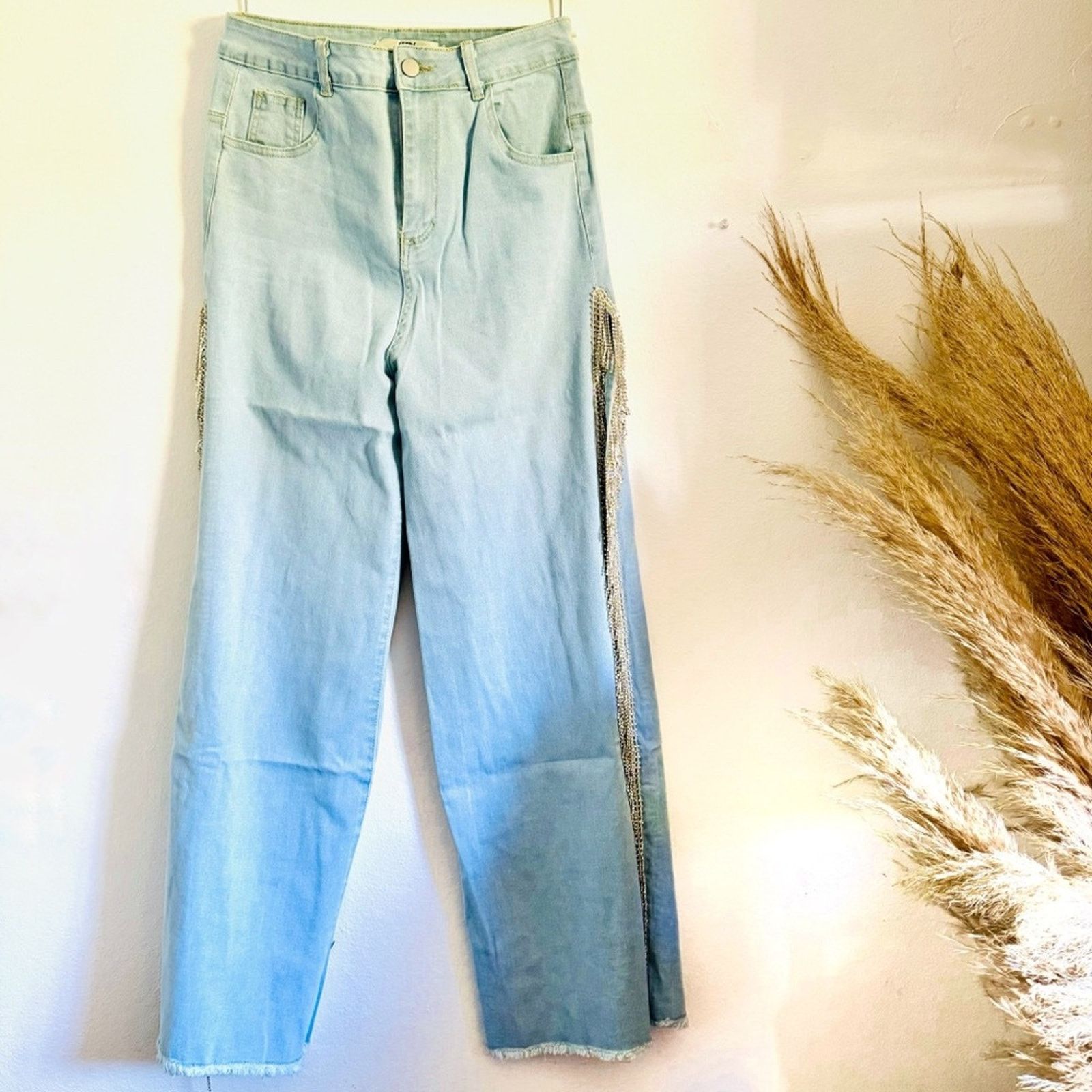 Other NEW Light Stretch Denim Crystal Fringe Tassel Split Leg Jean Size 28" / US 6 / IT 42 - 2 Thumbnail