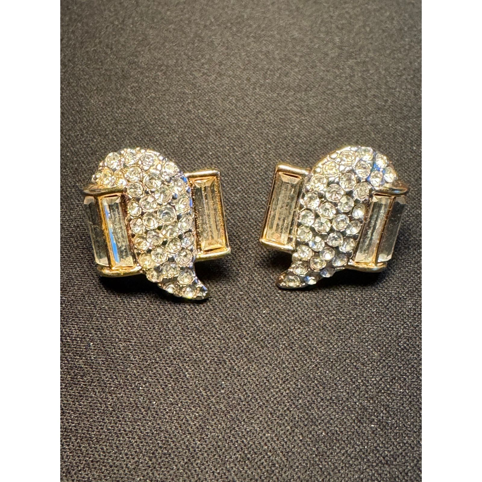 Monet Vintage Monet Gold Tone Earrings Baquette & Round Rhinestone Size ONE SIZE - 1 Thumbnail