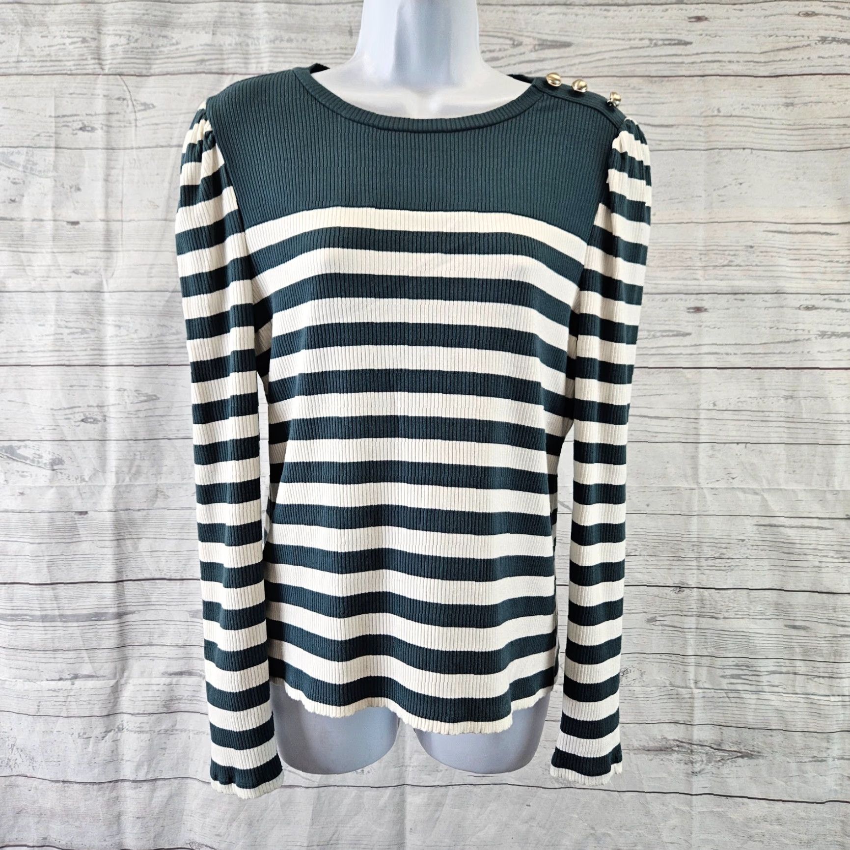 Ann Taylor Ann Taylor Womens Top Medium Teal White Stripe Ribbed Long Sleeve Rayon Size M / US 6-8 / IT 42-44 - 2 Thumbnail