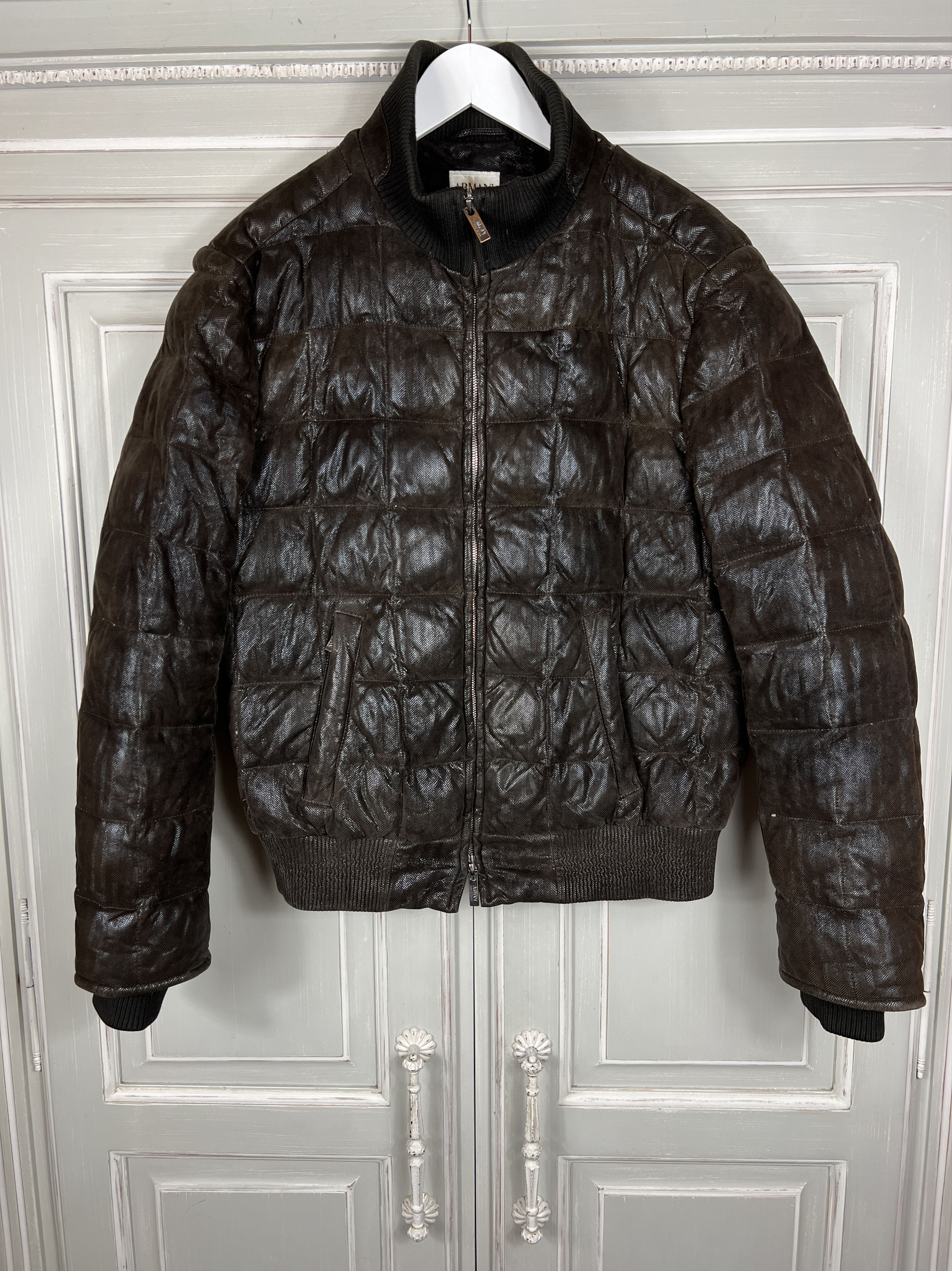 image of Armani Collezioni Puffer Leather Down Jacket in Brown, Men's (Size Large)