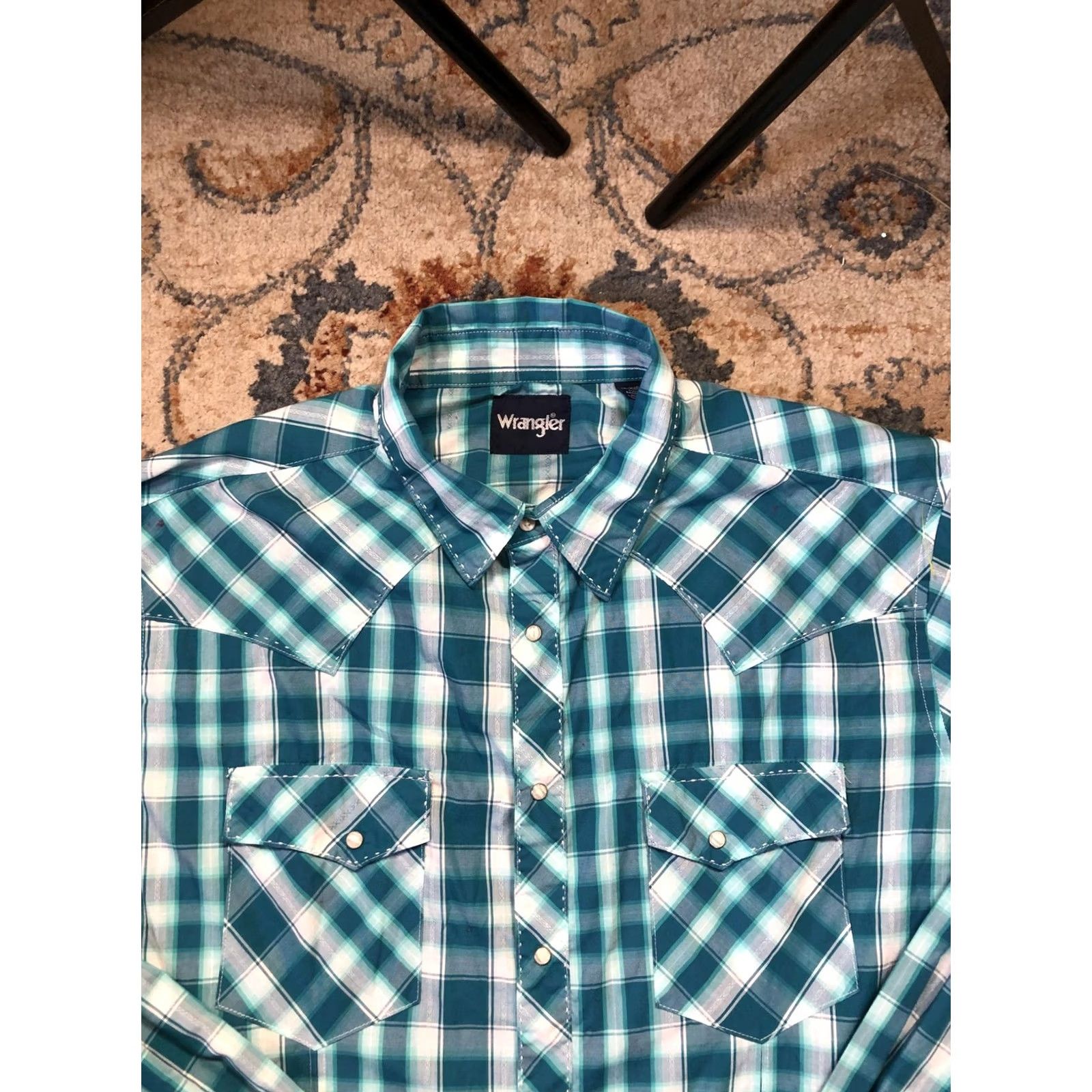 Wrangler Wrangler Shirt Mens 2XL Teal Blue Plaid Western Pearl Snap Long Sleeve Cowboy Size US XXL / EU 58 / 5 - 2 Thumbnail