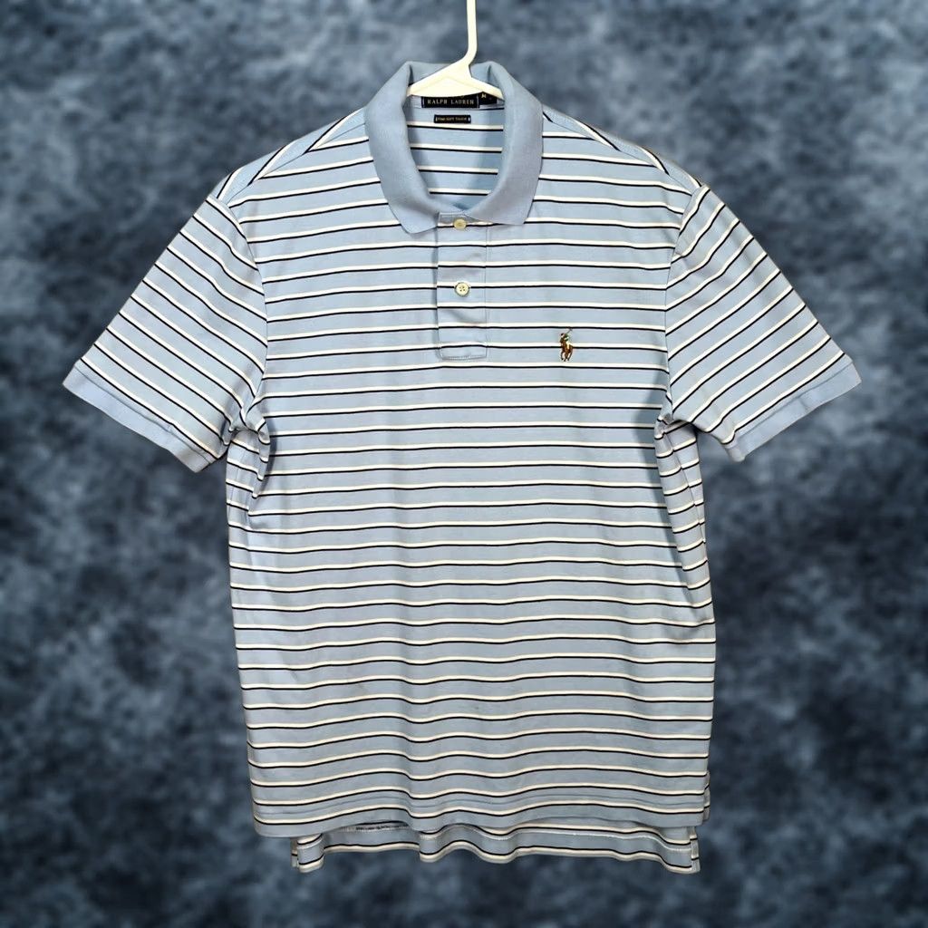 Polo Ralph Lauren Polo Ralph Lauren Polo Shirt Mens Medium Blue & White Striped Pima Soft Touch Cotton Short Sleeve Crewneck Polo Shirt Size US M / EU 48-50 / 2 - 1 Thumbnail