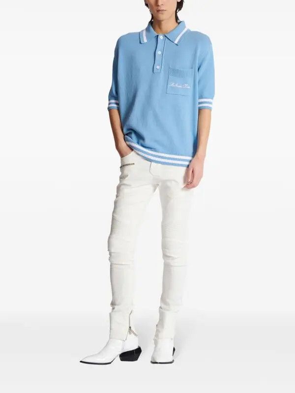 Balmain o1s1wg110925 Logo Embroidered Knitted Polo Shirt in Blue Size US XL / EU 56 / 4 - 2 Thumbnail