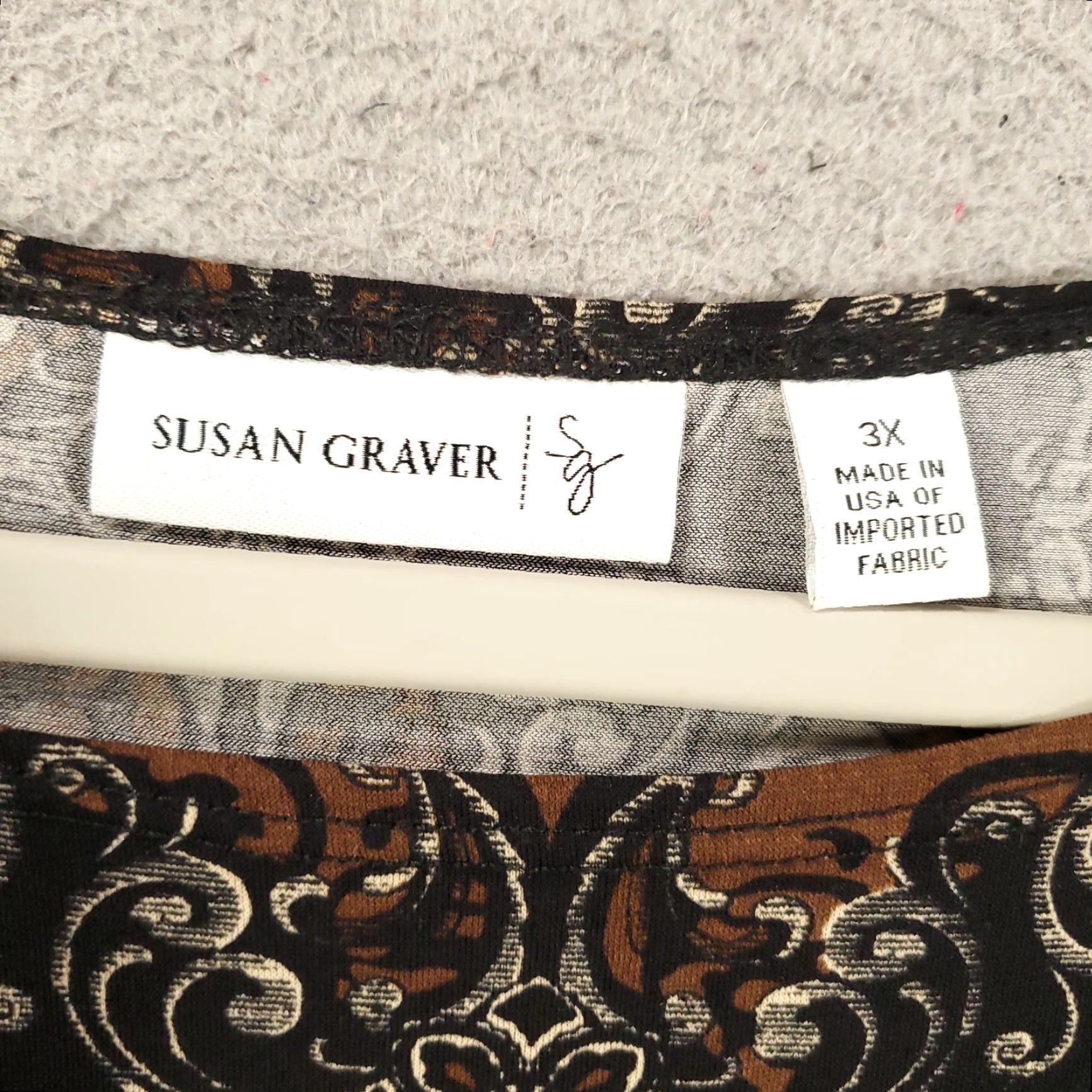 Vintage Susan Graver Blouse 3X Women's Black Brown Geometric Ruched Long Sleeve Boat Neck Top Size XXL / US 16-18 / IT 52-54 - 5 Thumbnail