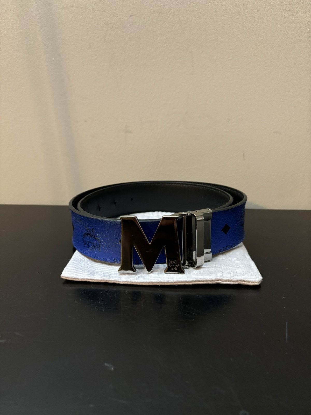 MCM MCM Reversible Monogram Claus Leather Belt Blue Black 