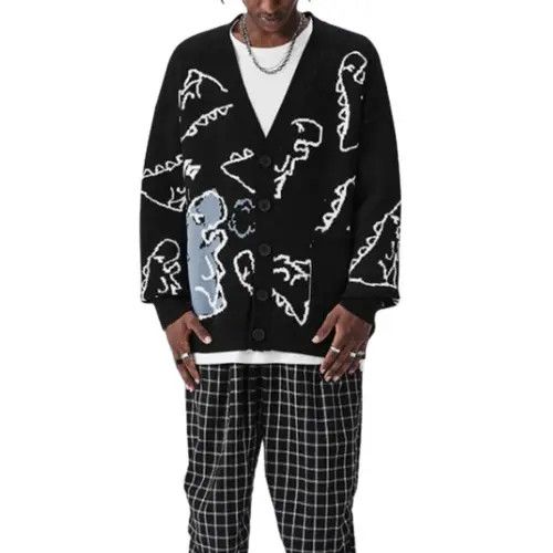 image of Dinosaur Graphic Knit Cardigan Sweater, Men's (Size Medium)